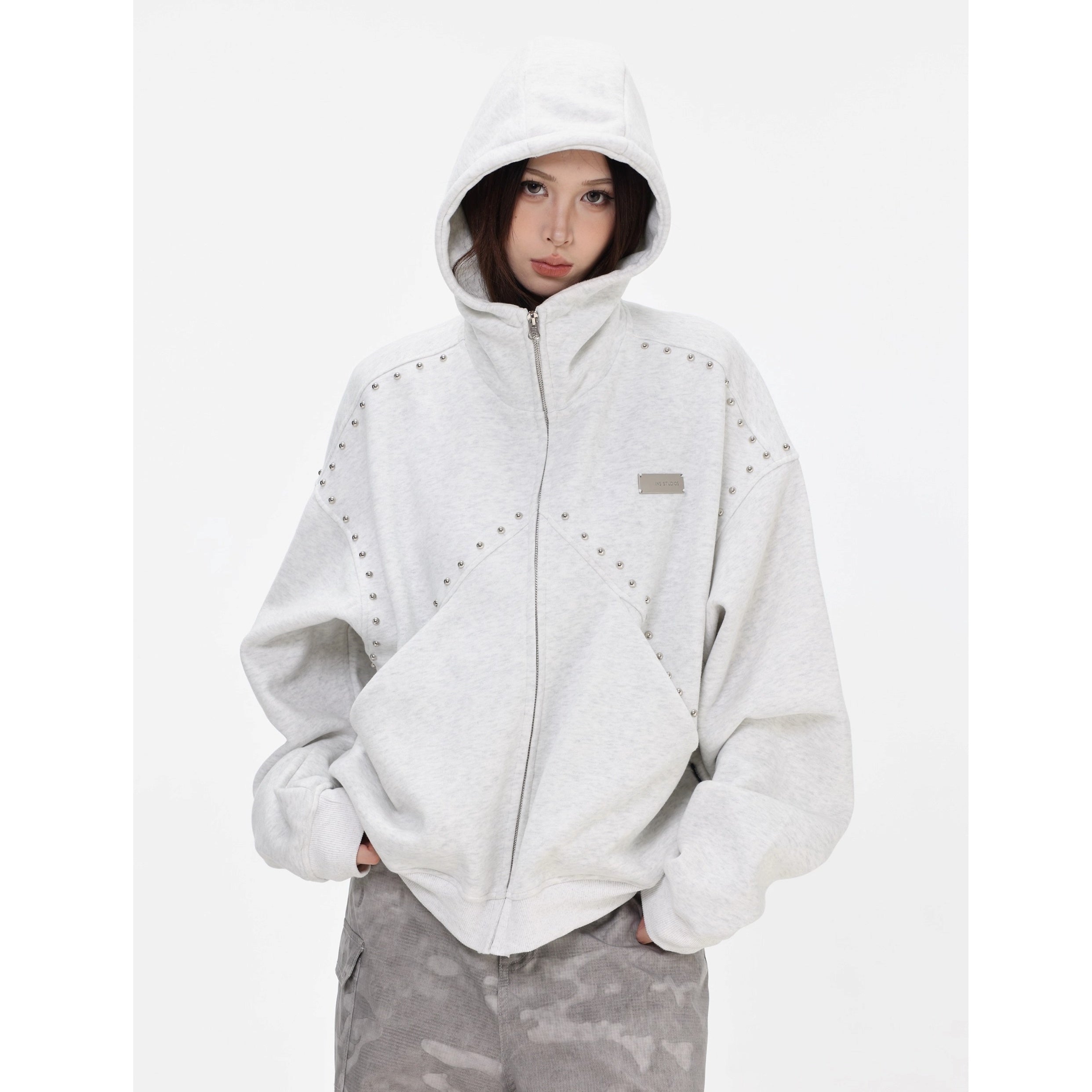 Stitched Rivet Zipper Hooded Jacket IN7016