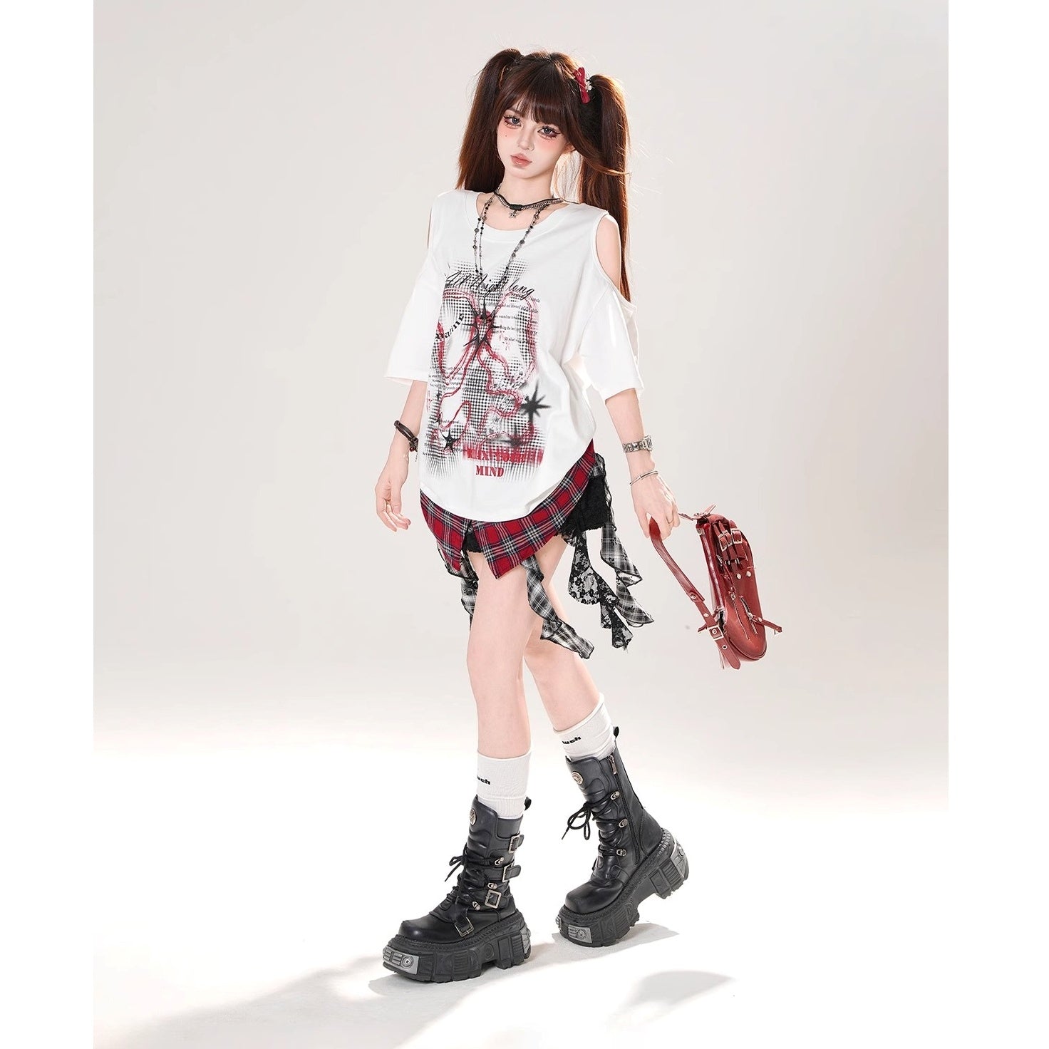 Cut-out Illusion Plaid Print T-Shirt KK2072