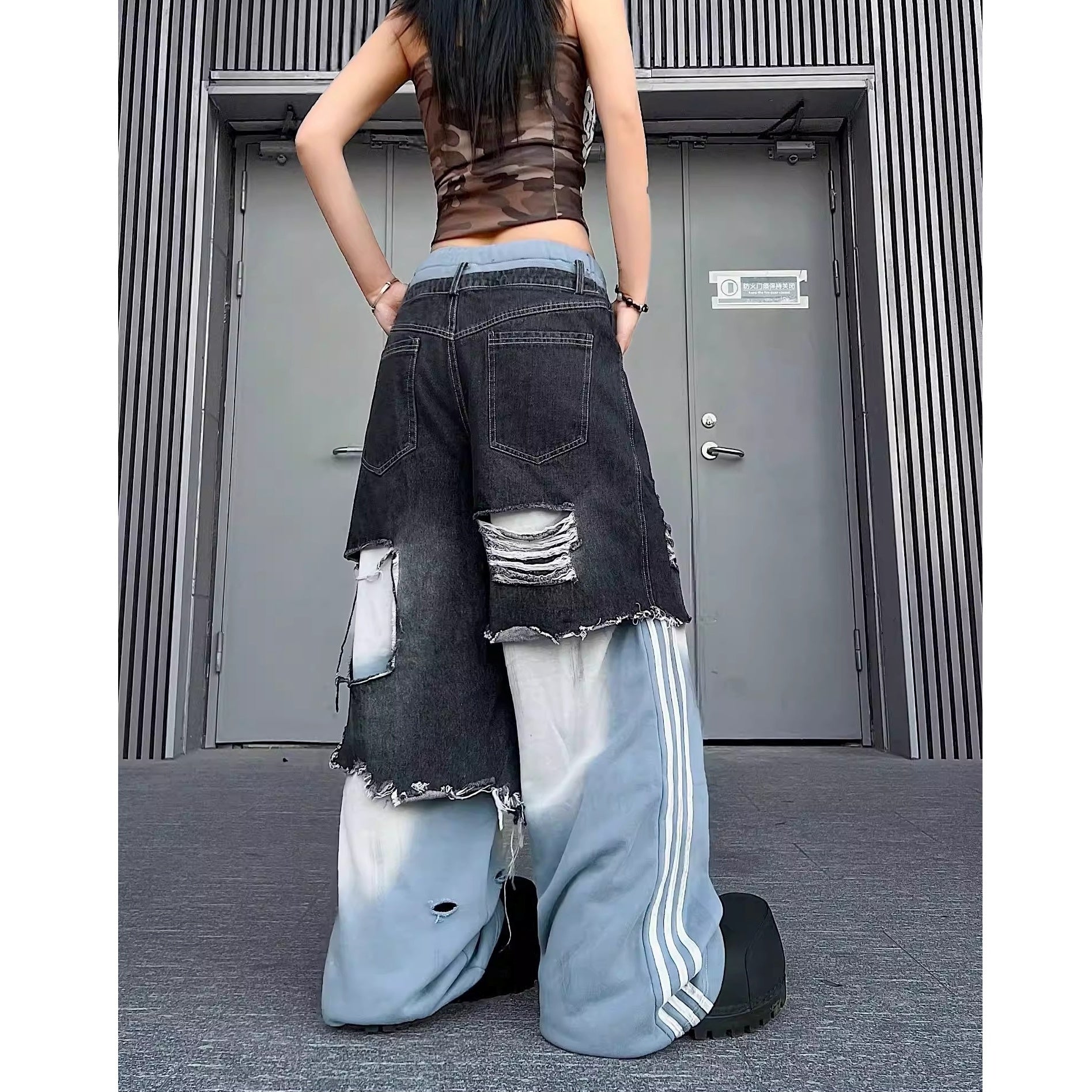 Fake Two Pieces Punk Denim Patchwork Flare Pants MW10338