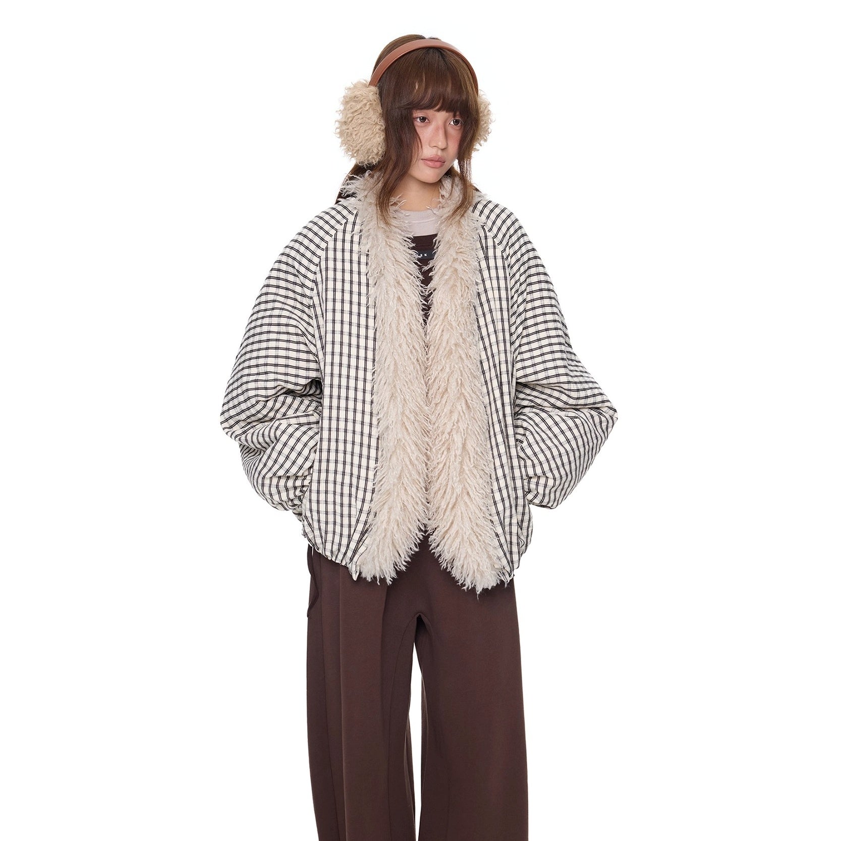 Plaid Fur No-Collar Padded Jacket EZ292