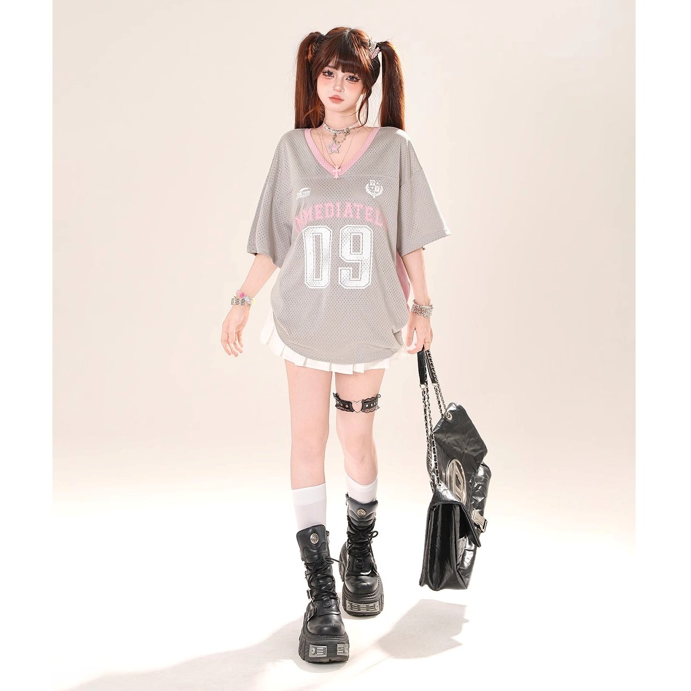 Drop-shoulder V-Neck Mesh T-Shirt KK2070