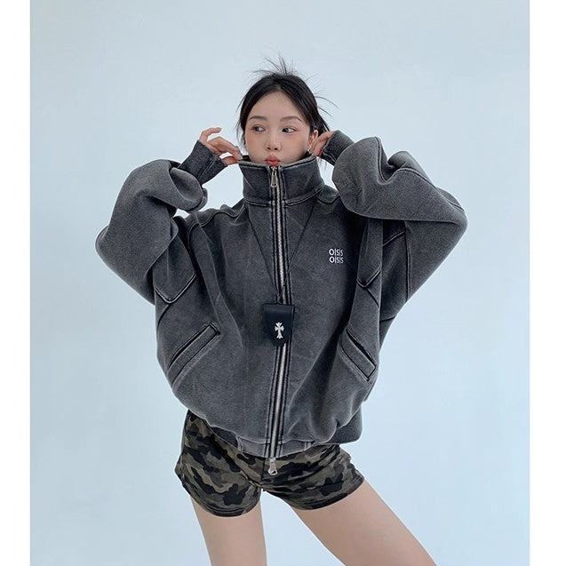 Damage Washed Stand Collar Casual Jacket OS2048