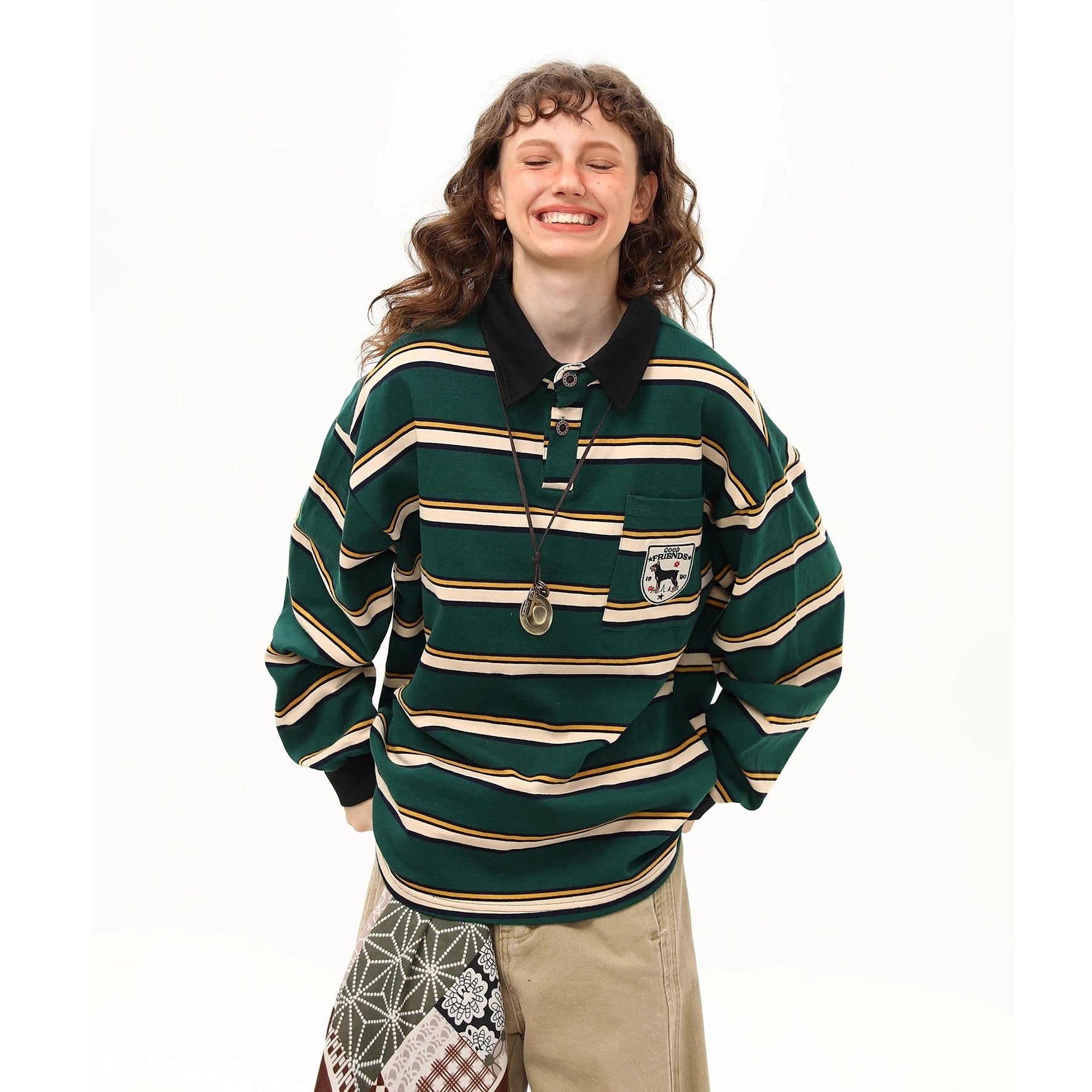 Preppy Style Border Long Sleeve Polo Shirt MW10251