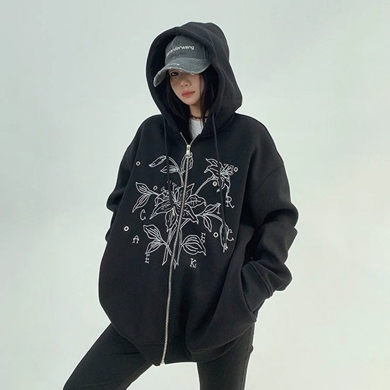 Flower Embroidered Loose Hooded Jacket OS2050
