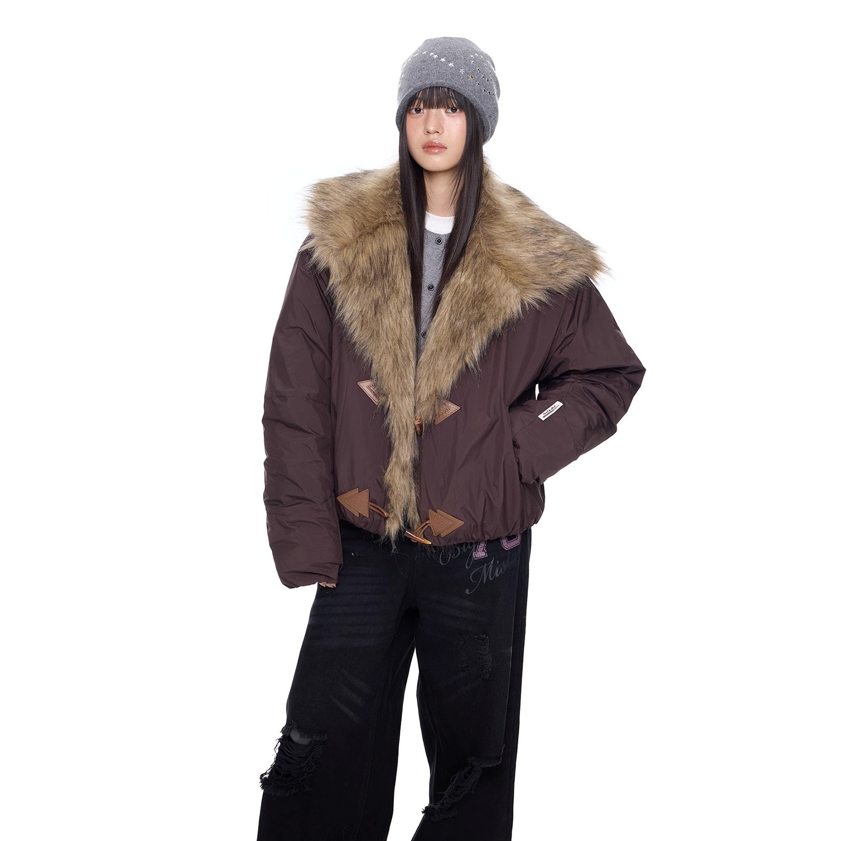 Fluffy Large Lapel Horn Buckle Cropped Jacket EZ289