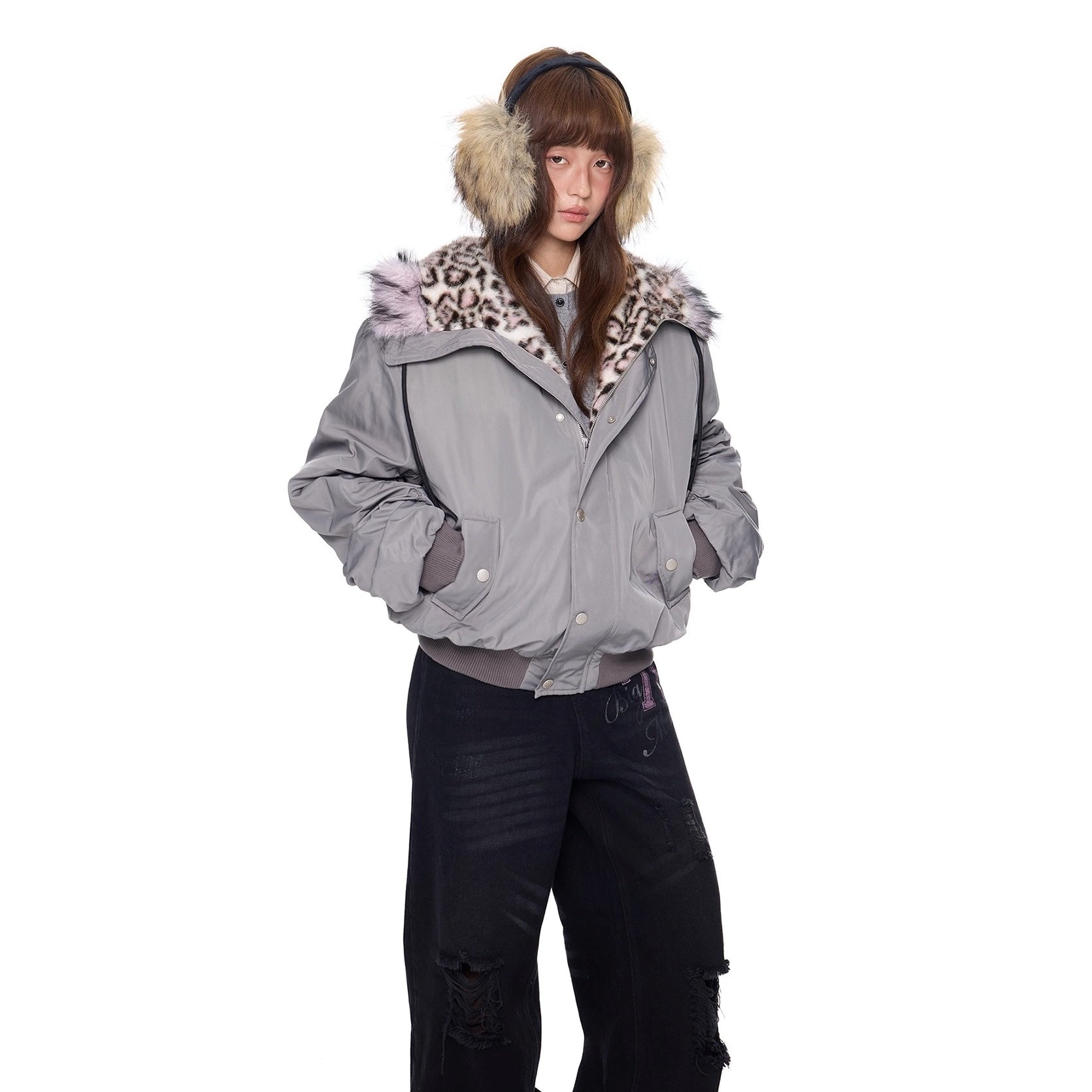 Leopard Liner Fur Short Hooded Jacket EZ273