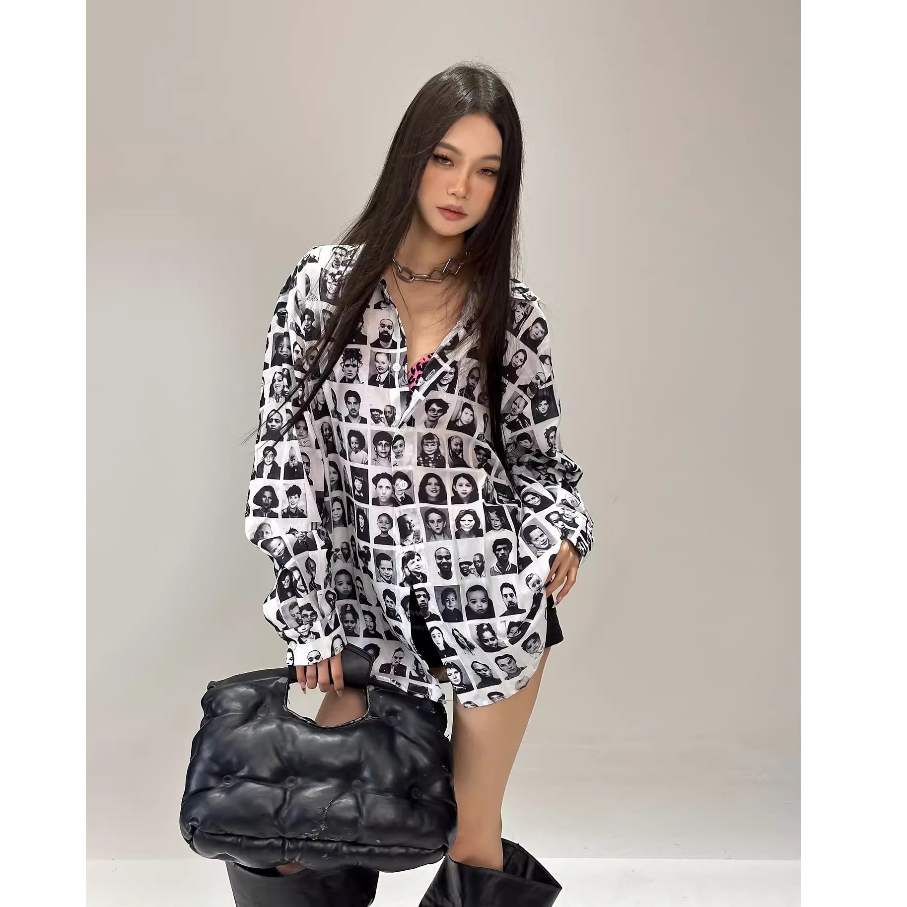 Full Of Printed Face Loose Long-sleeved Shirt CC1003