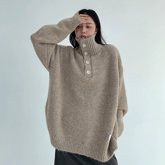 High Neck Half-Button Loose Sweater OS2054