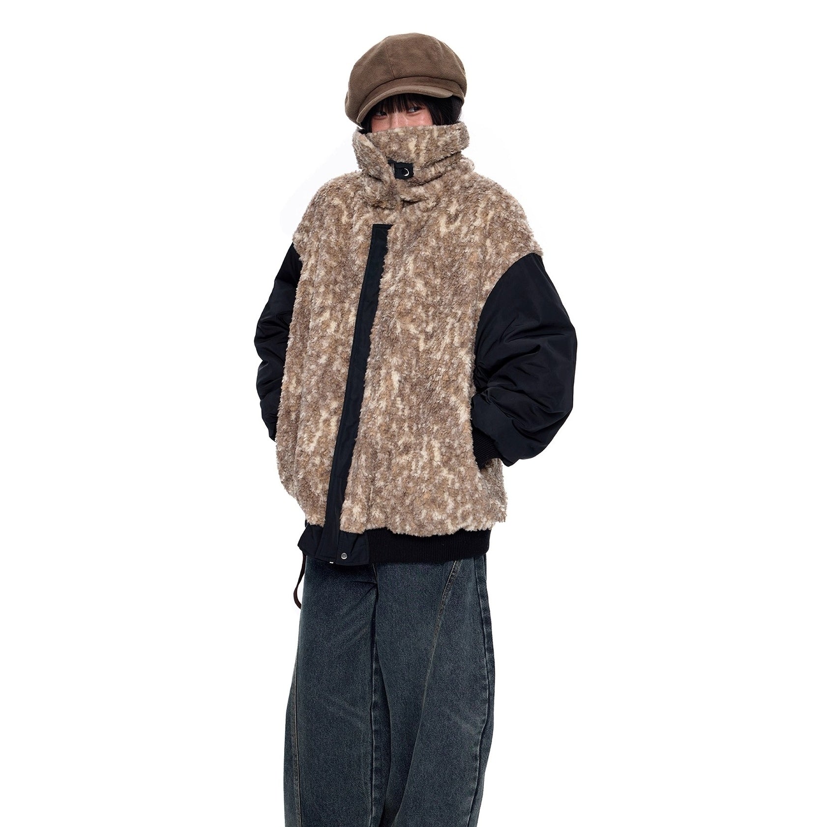 Fluffy Contrasting Lapels Reversible Jacket EZ283