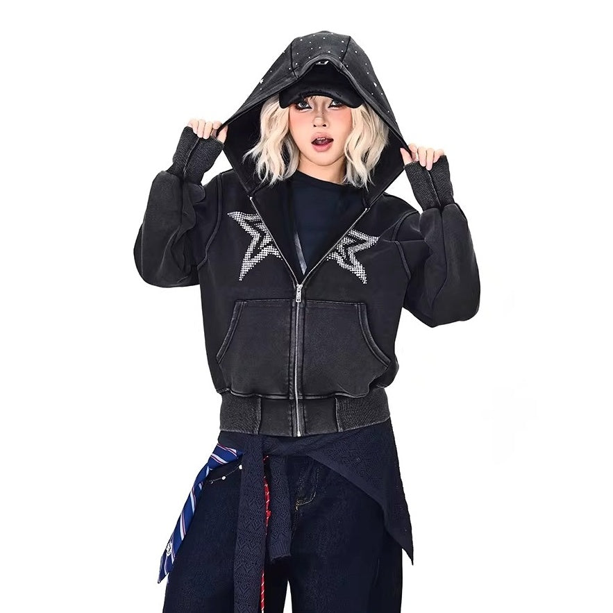 Rhinestone Star Decoration Hooded Parka MW10387