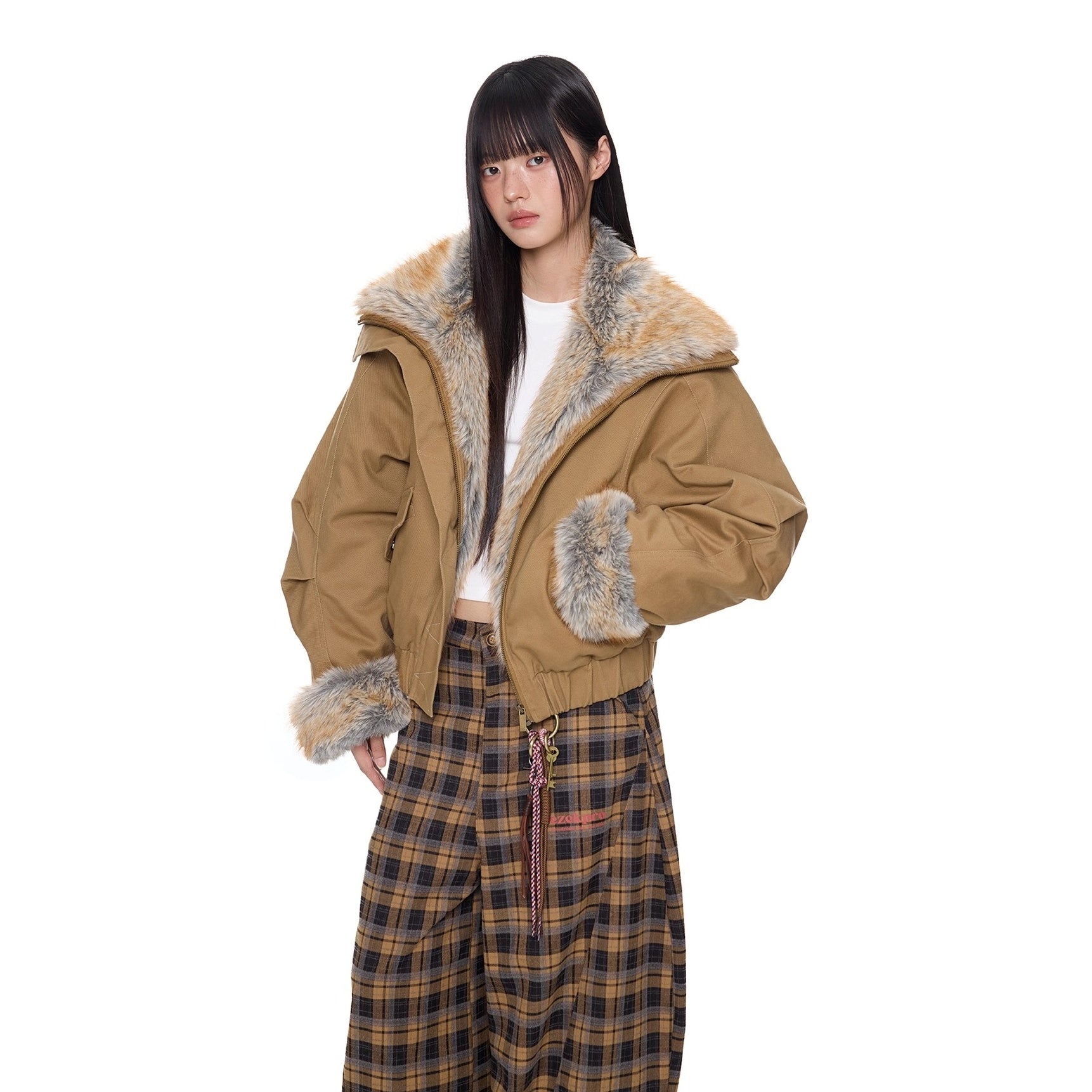 Large Fur Lapel Cropped Jacket EZ294