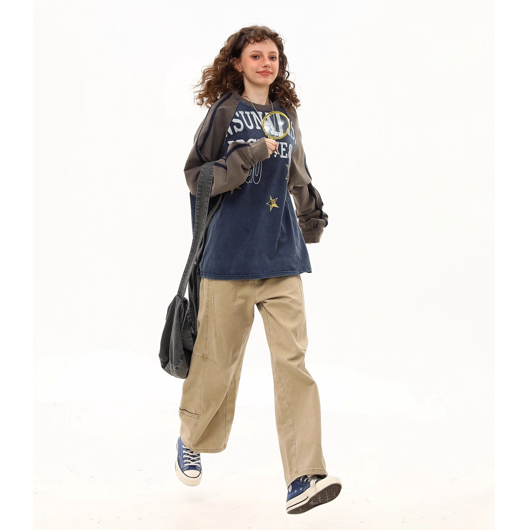 Retro Washed  Raglan Long Sleeve Print T-shirt MW10250