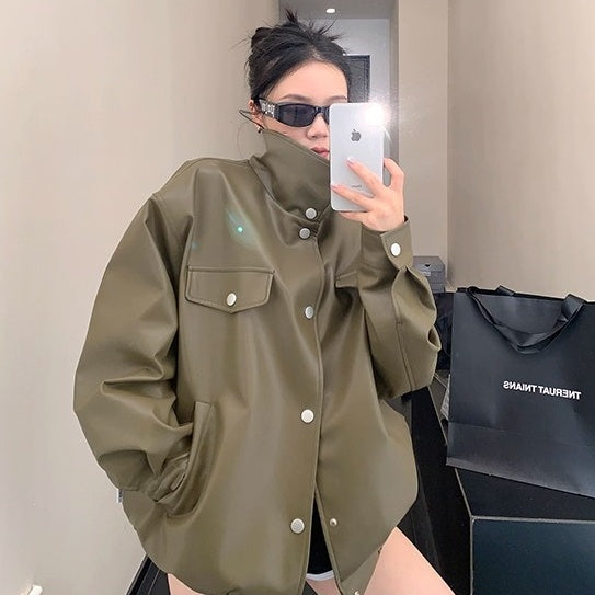 High-Neck PU Leather Jacket OS2046
