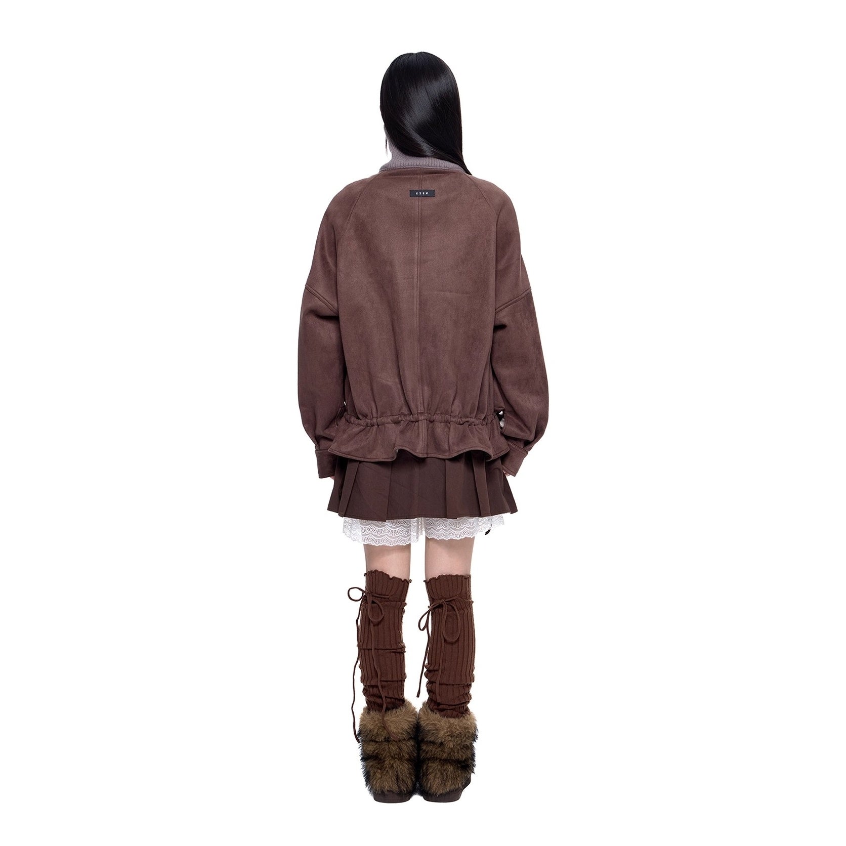 Knitted High Neck Drawstring Faux Suede Jacket EZ252