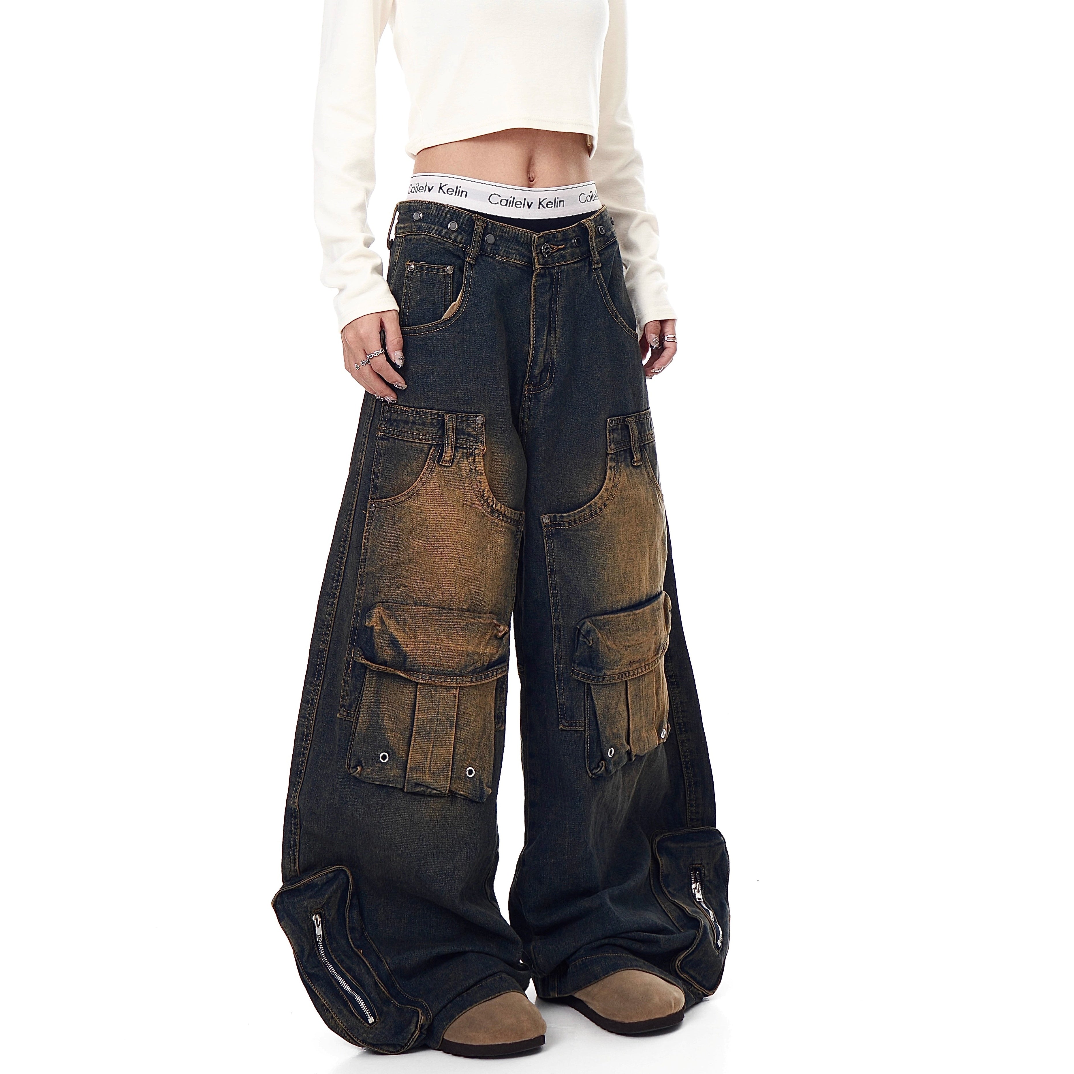 Deconstructed Multi-Pocket Damage Wide Jeans BK7004