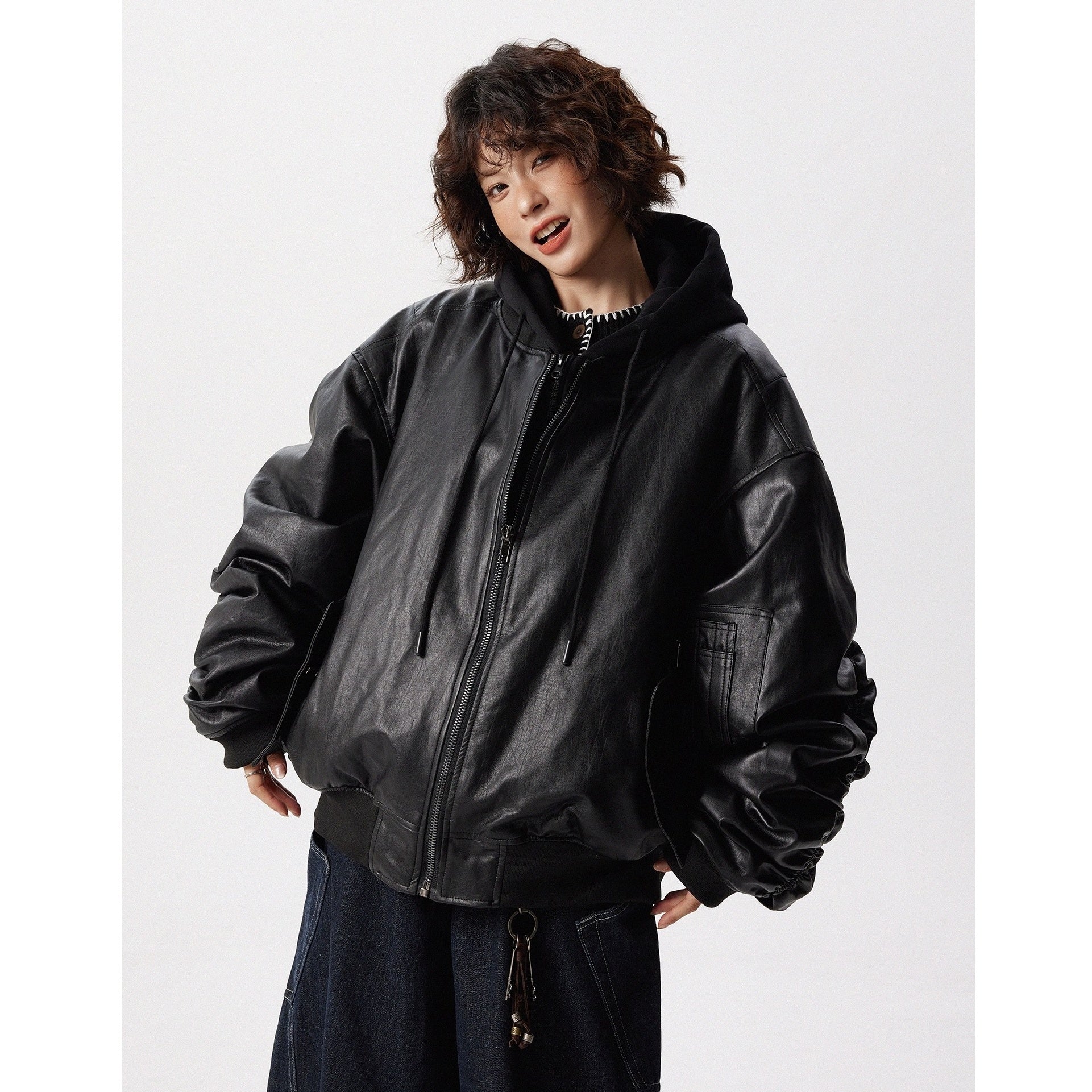 Fake Layered Design Hooded PU Leather Jacket MW10297