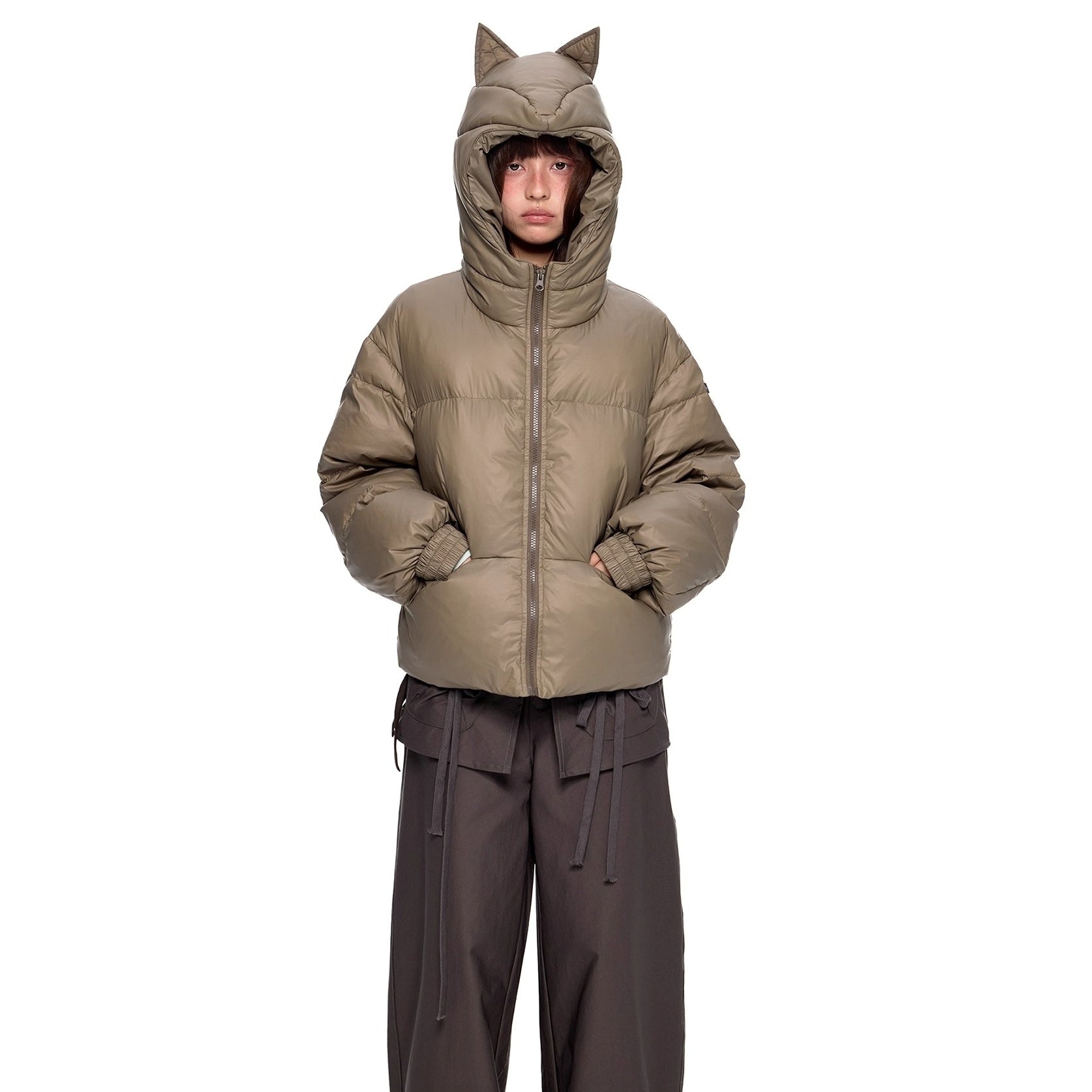 Small Ear Hooded Short Down Jacket EZ251