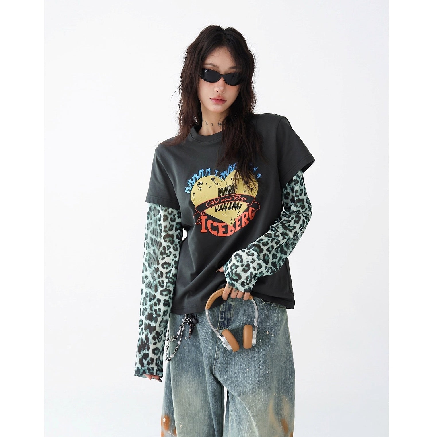 Leopard Print Stitched Fake Layered Long Sleeve T-Shirt AC7140