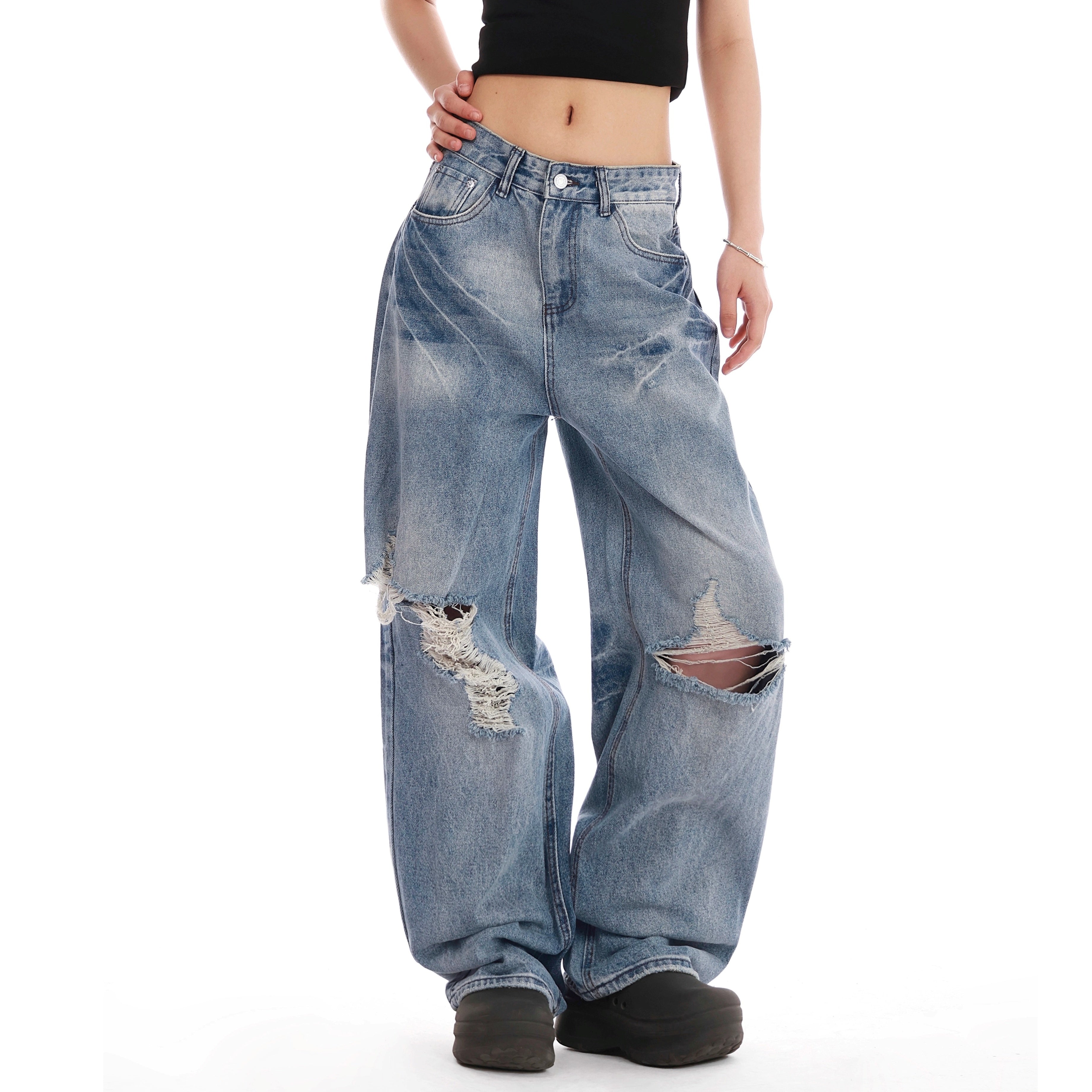 Retro Washed Embroidered Ripped Wide Jeans VI2007