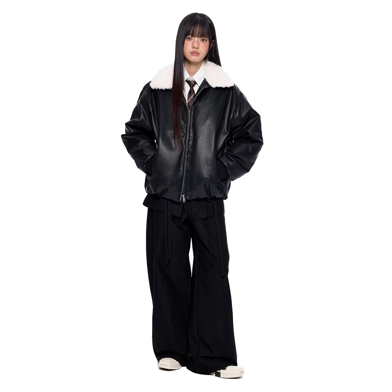 Contrast Lapel PU Leather Jacket EZ255