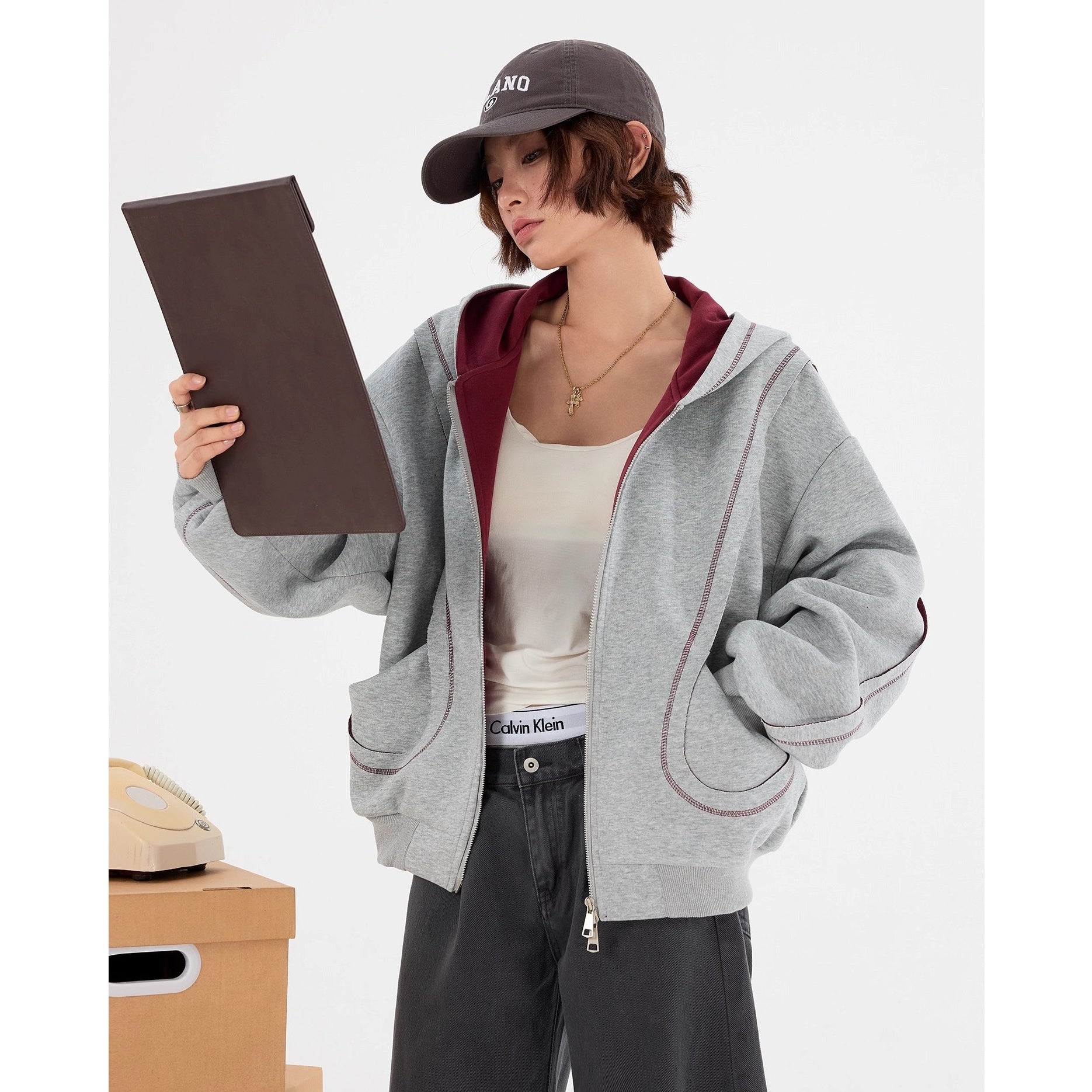 Contrast Splicing Design ZIP-up Hooded Sweat MW10240