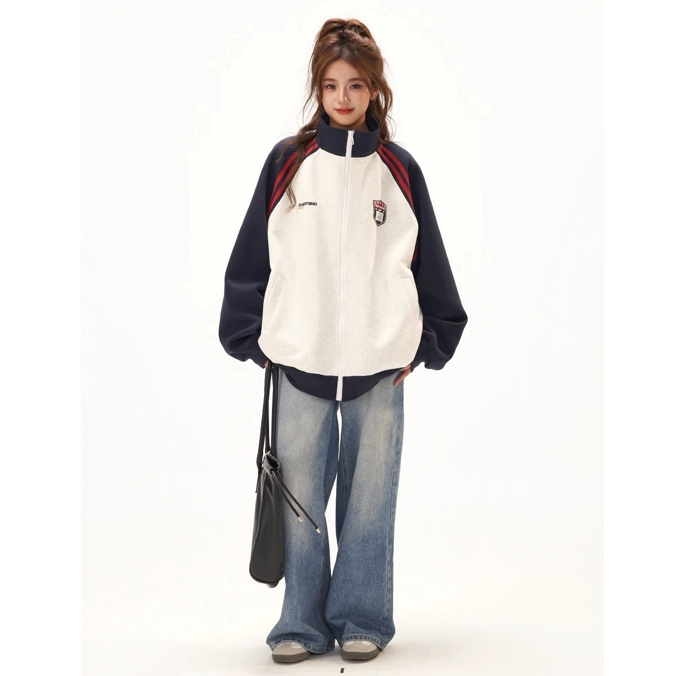 Stand-Collar Raglan Color-blocked Sweat Jacket CA7010