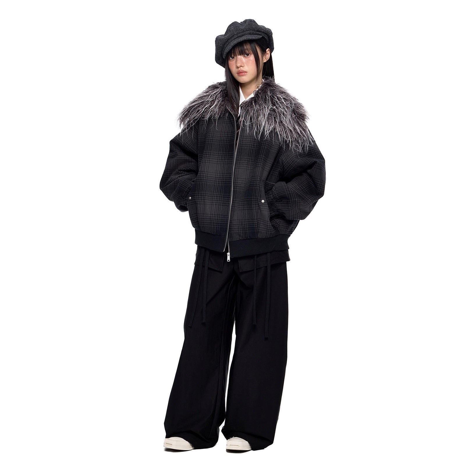 Fur Collar Shawl Plaid Jacket EZ249
