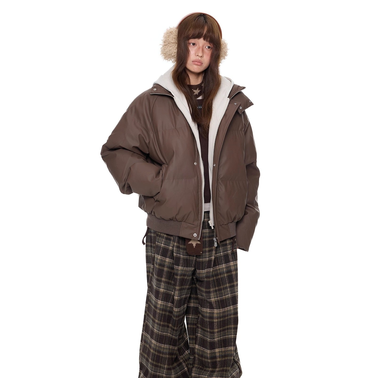 Contrast Color Hooded PU Leather Jacket EZ286