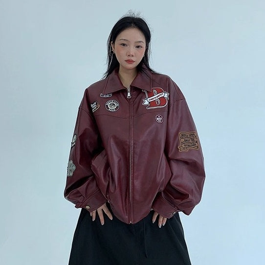 Vintage PU Leather Loose Embroidered Jacket OS2028