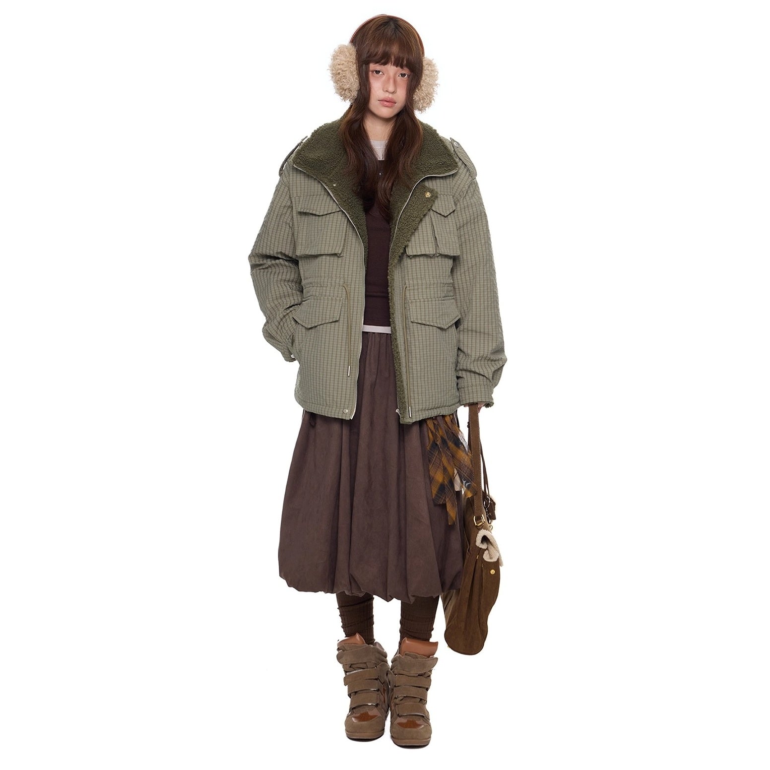 Fluffy Plaid Cargo Pocket Padded Jacket EZ284