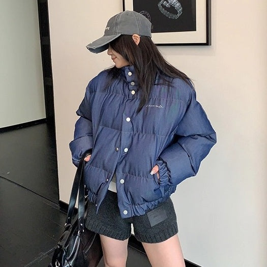 Denim Fabric Cropped Puffer Jacket OS2062