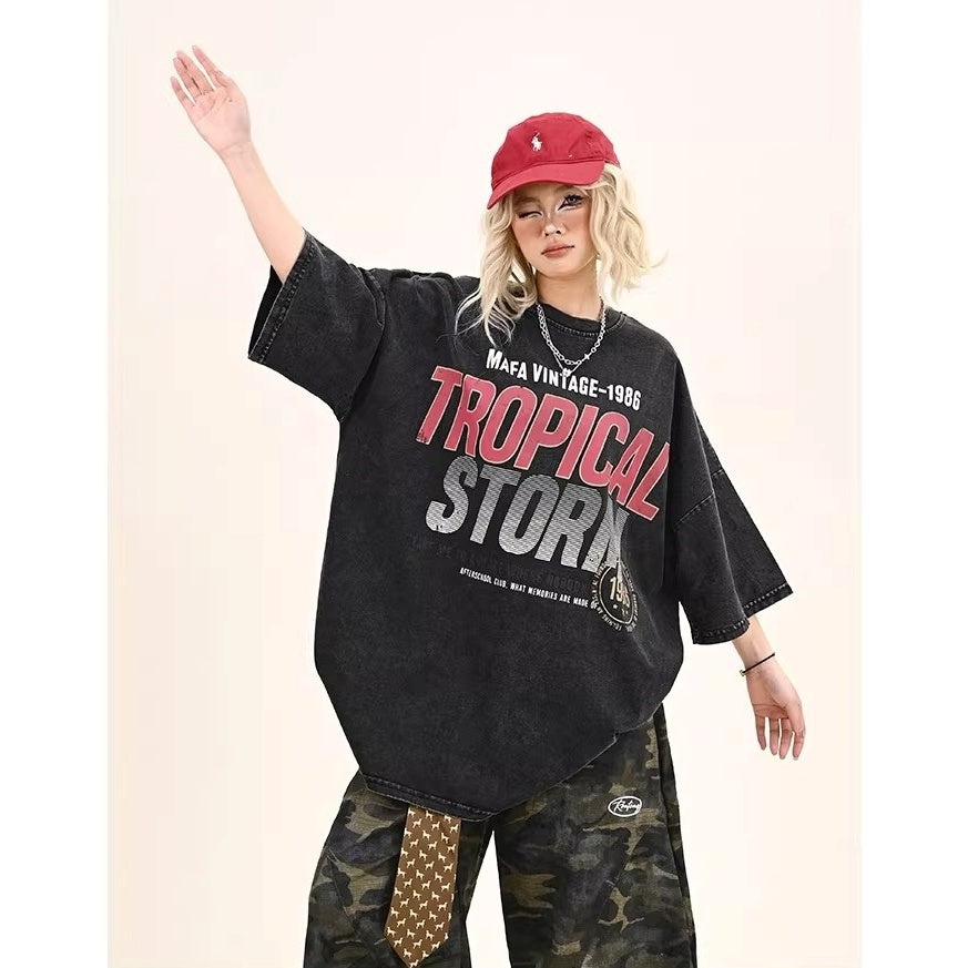 Washed Letter Print Over Size T-shirt MW10372