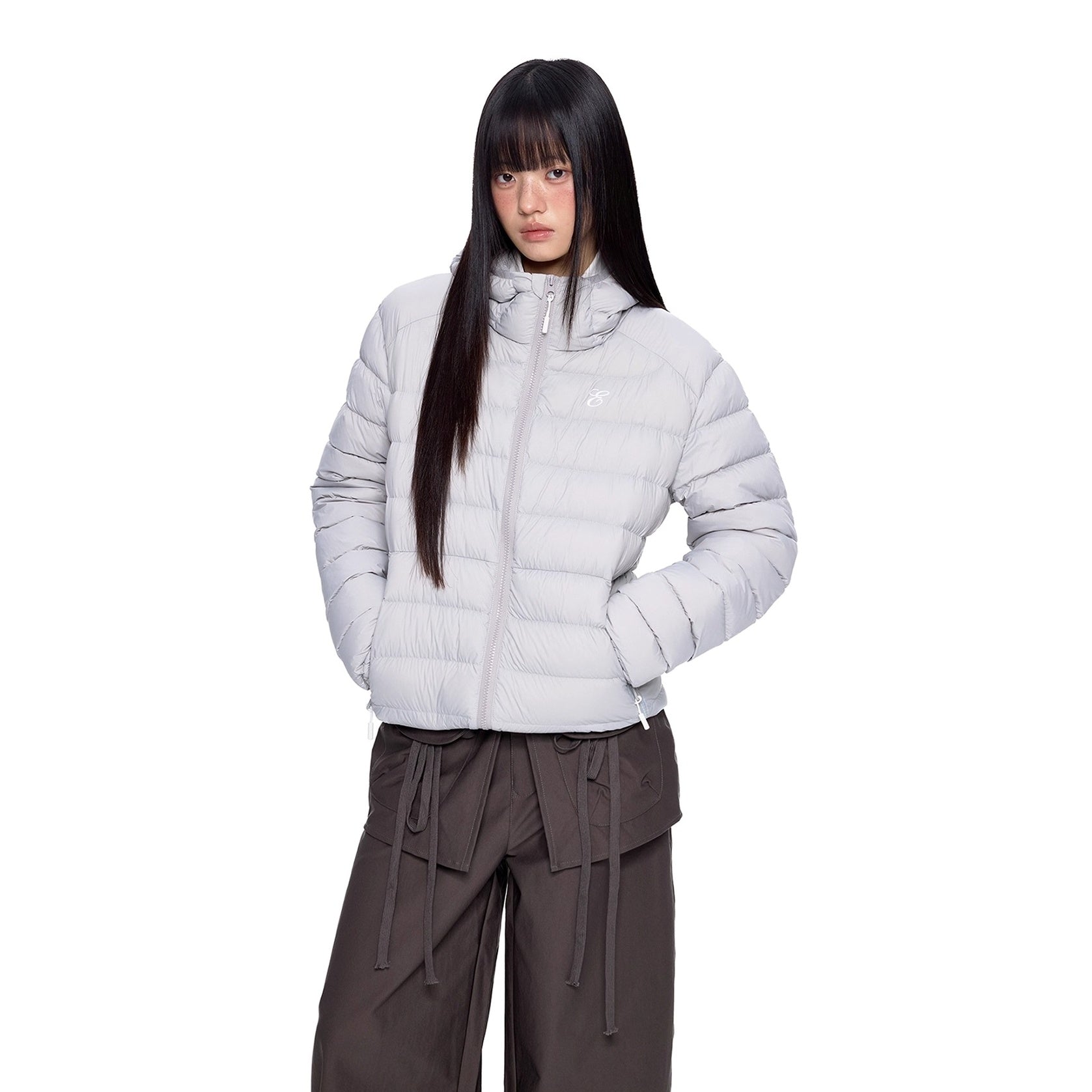 Rib Print Hooded Light Down Jacket EZ247