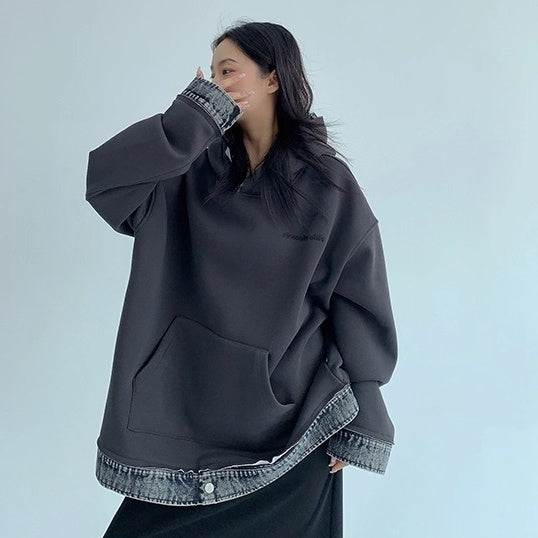 Contrasting Splicing Denim Hooded Sweat OS2056