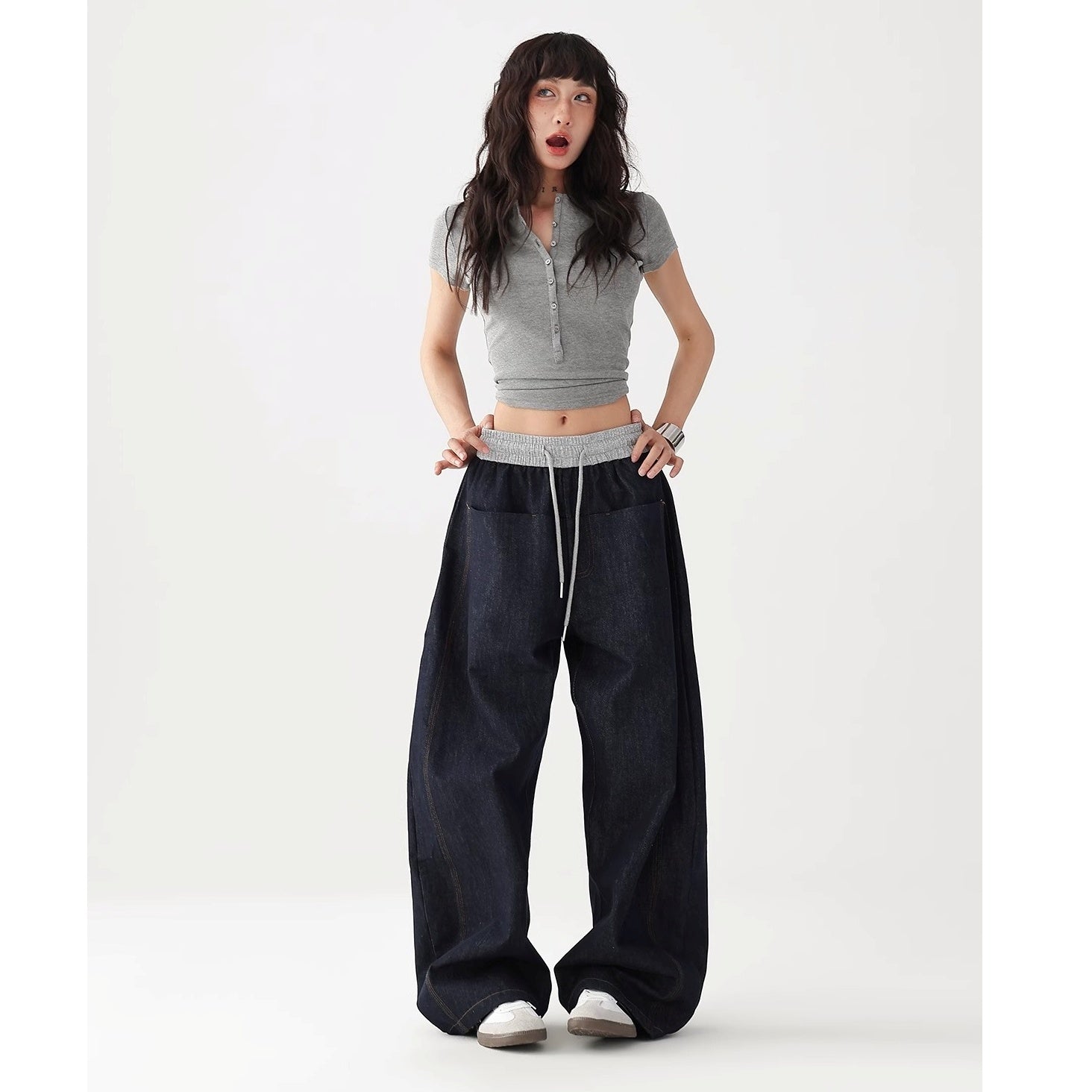 Panelled Elasticated Waistband Loose Curve Jeans AC7121