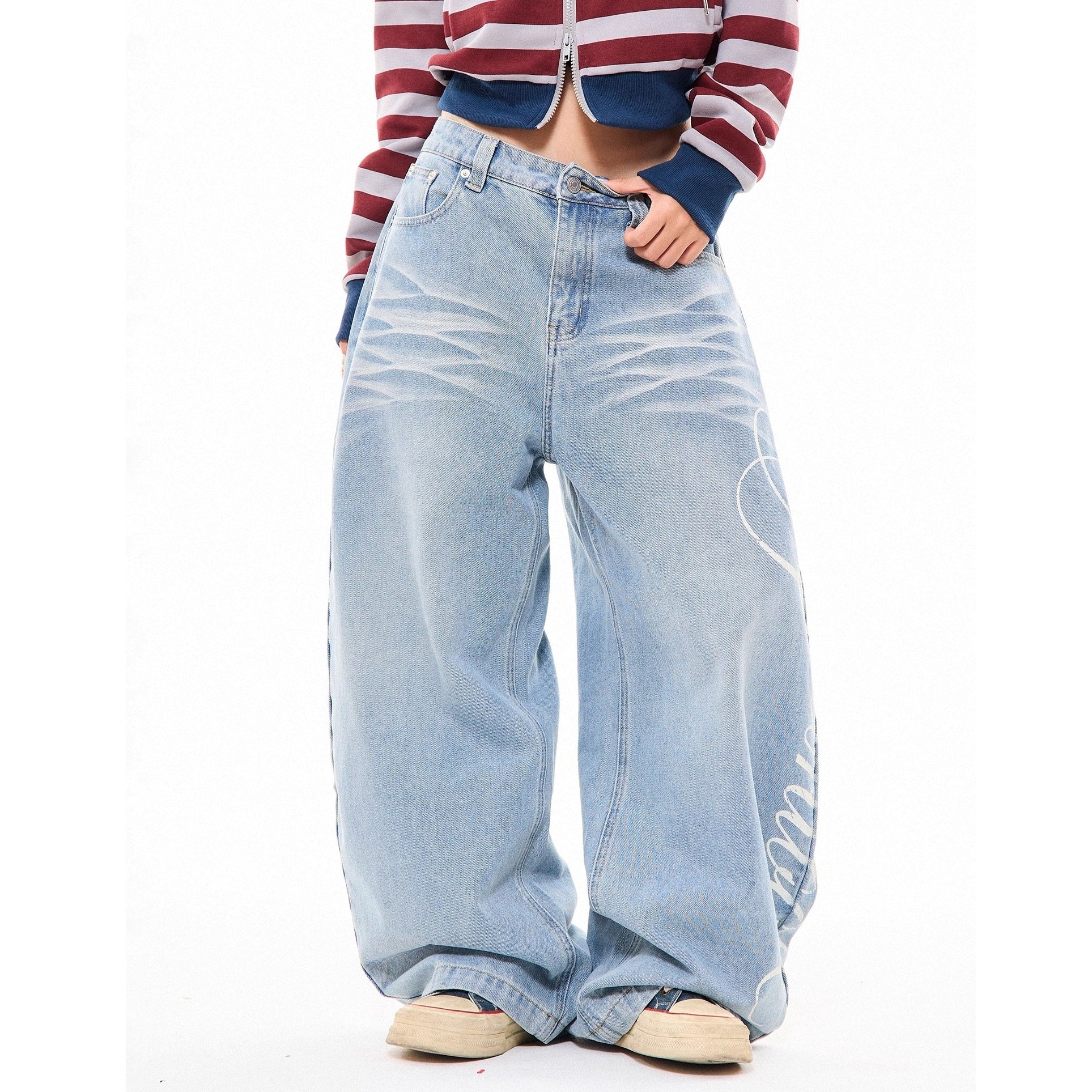 Side Print Washed Cat Whiskers Curve Jeans MW10259