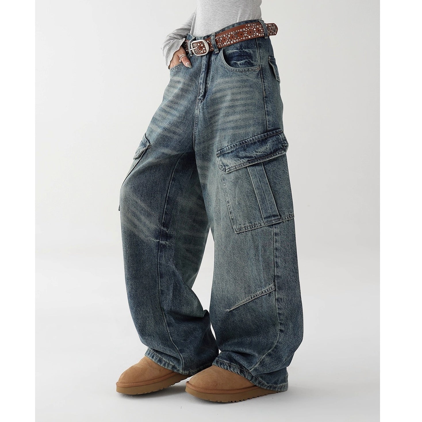 Washed Denim Cargo Curve Pants AC7149