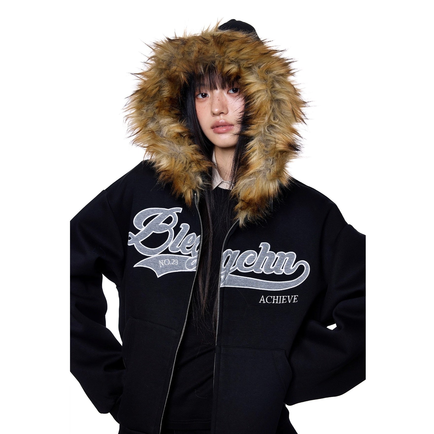 Monogram Embroidered Fur Collar Hooded Sweat Jacket EZ262