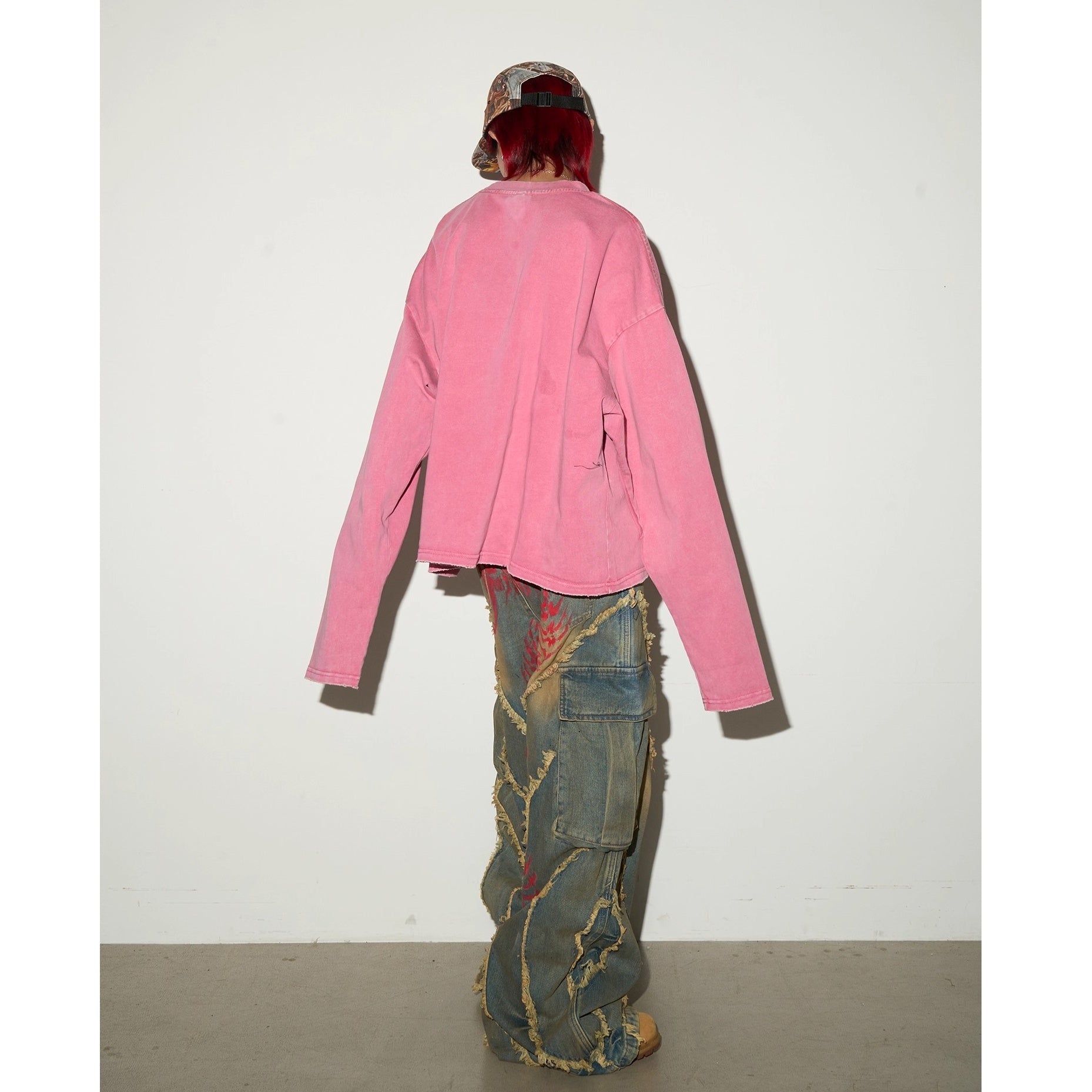 Pigment Print Raw Edge Wide Cargo Jeans MN9047