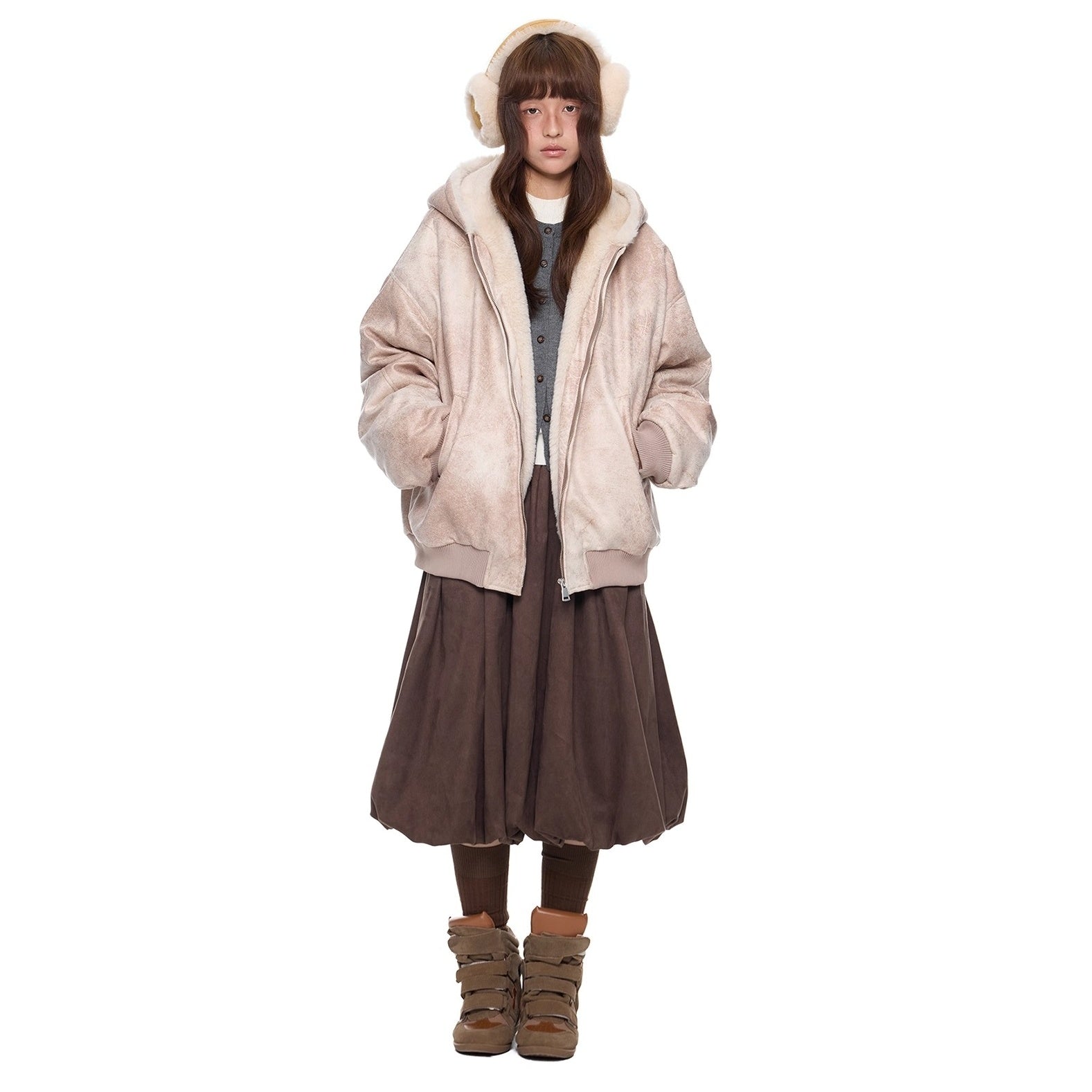 Furry Hooded PU Leather Loose Jacket EZ288