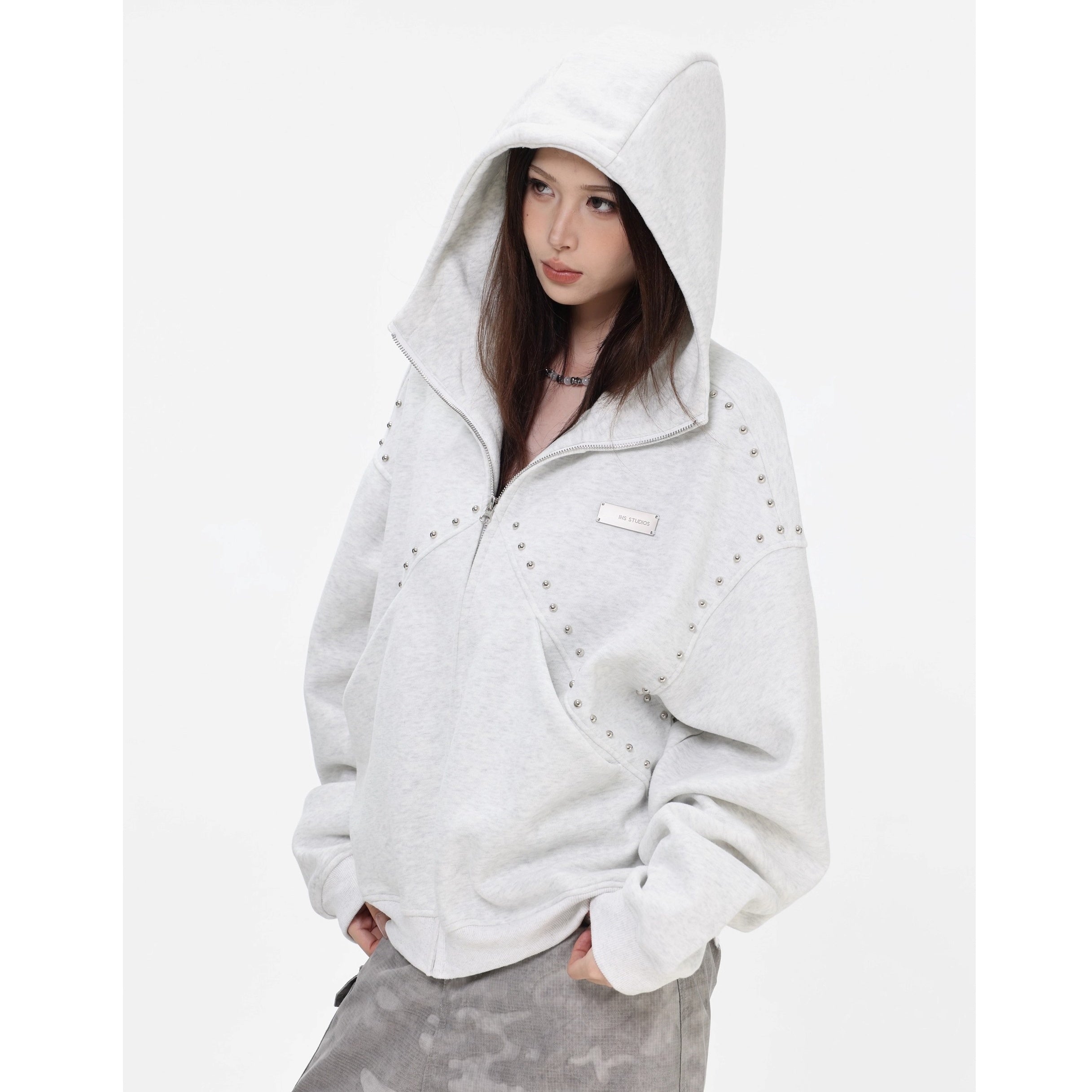 Stitched Rivet Zipper Hooded Jacket IN7016