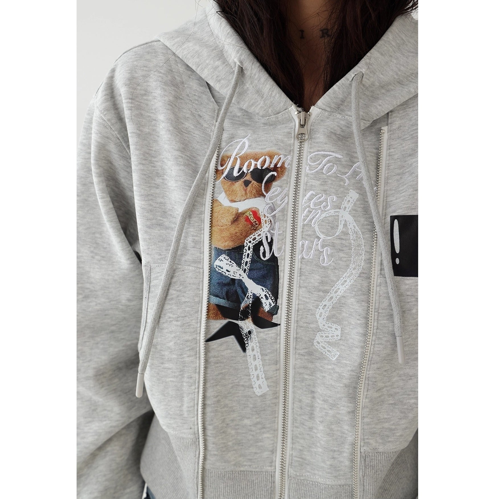 Fake Layered Bear Letter Embroidery Hooded Jacket AC7135