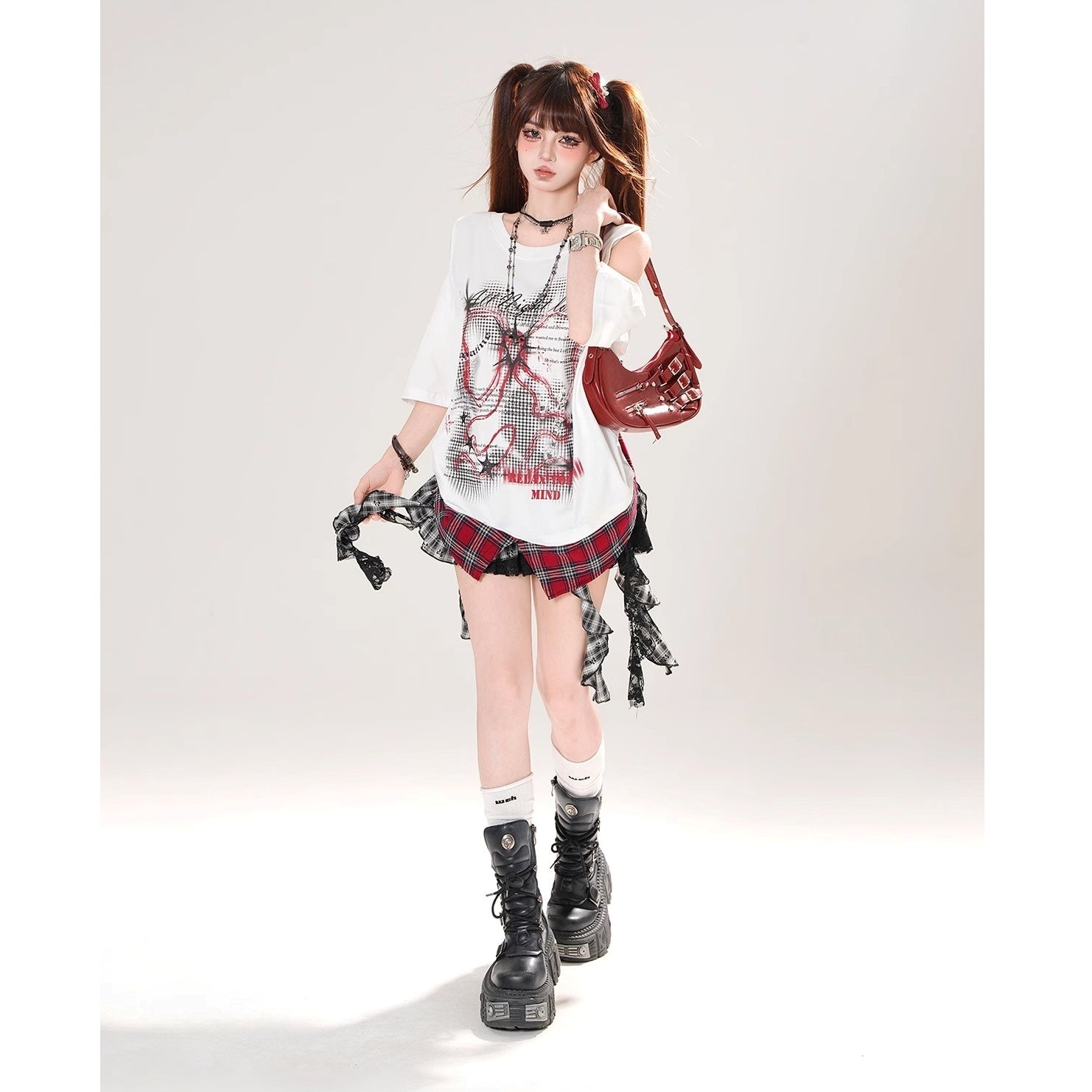 Cut-out Illusion Plaid Print T-Shirt KK2072