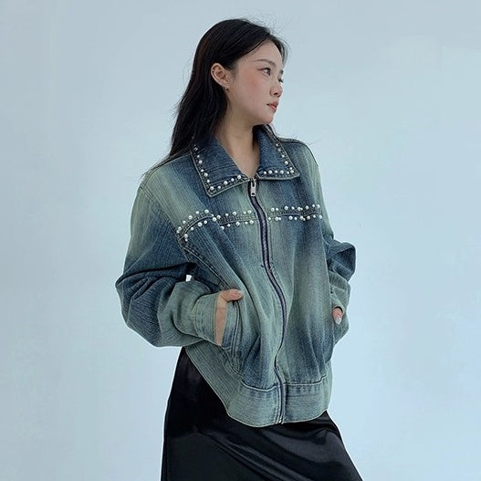 Pearl Bead Short Denim Jacket OS2030