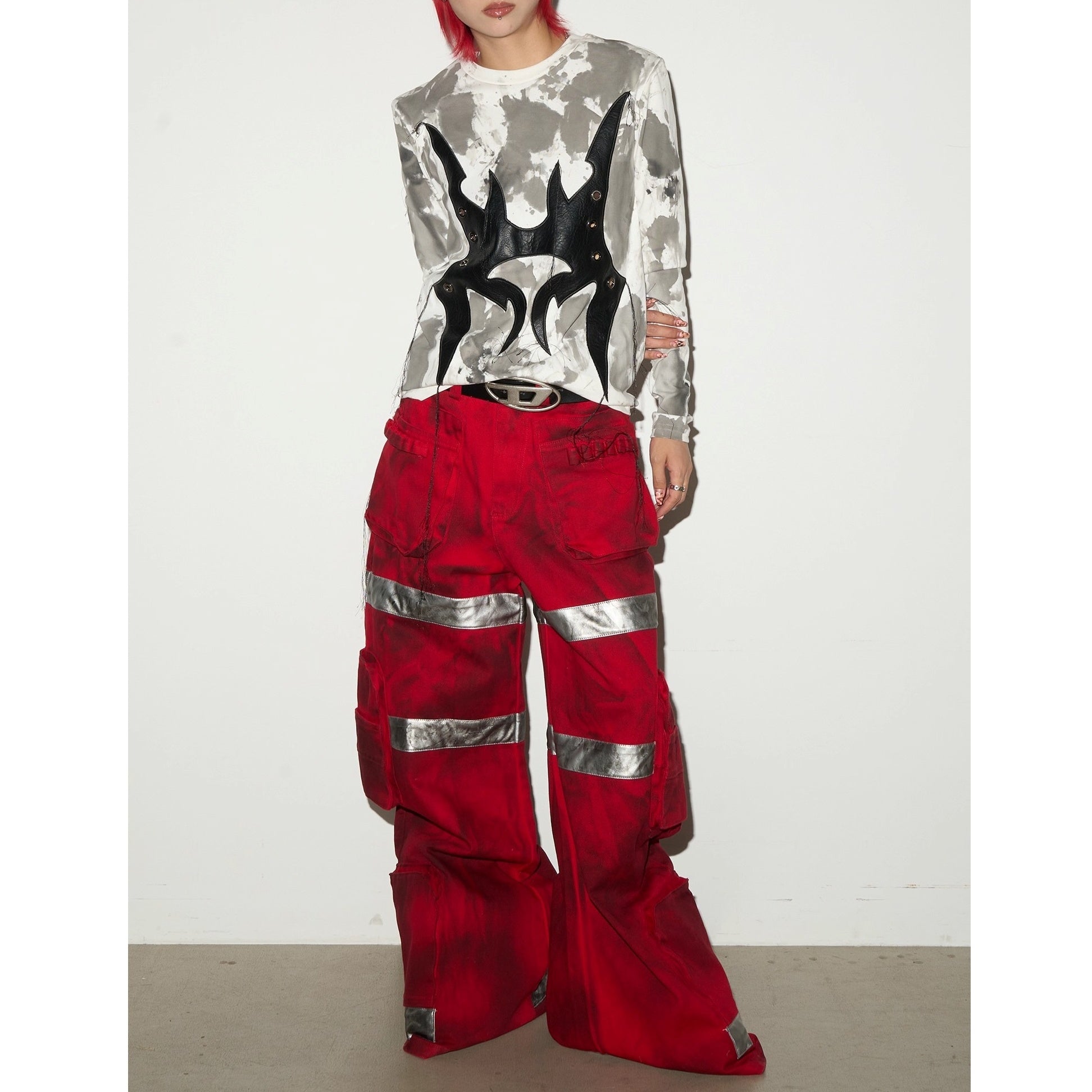 Dark Stained Dyeing Color-blocked Wide Fire Pants MN9029