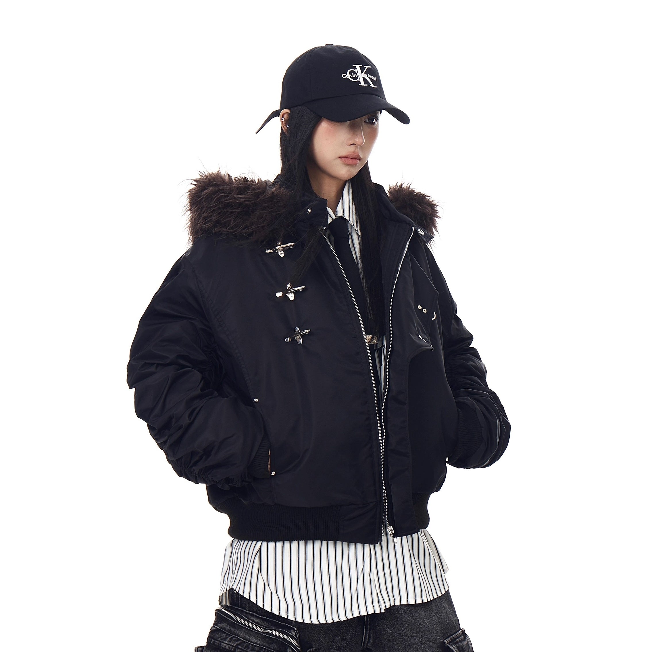 Fur Collar Airplane Buckle Hooded Jacket MW10305