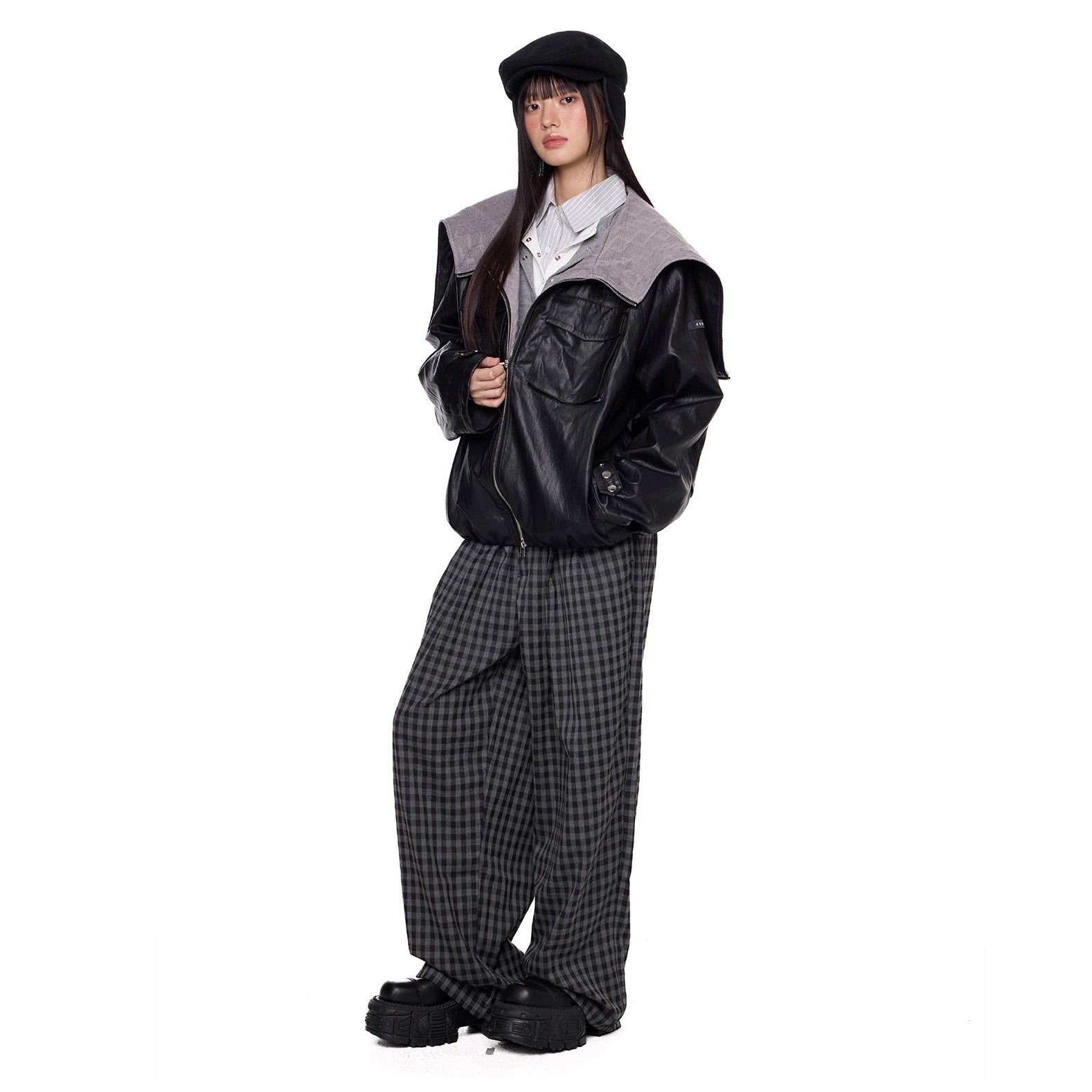 Zipper Split Hood PU Leather Jacket EZ261