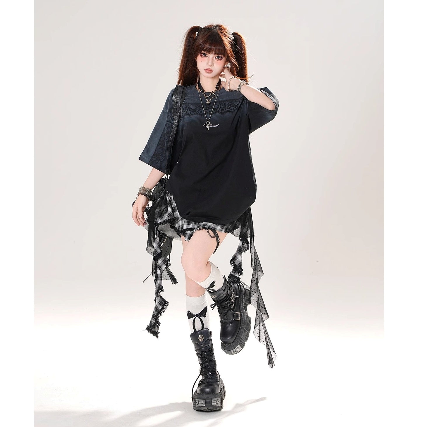 Lace Print Gradation Loose T-shirt KK2071