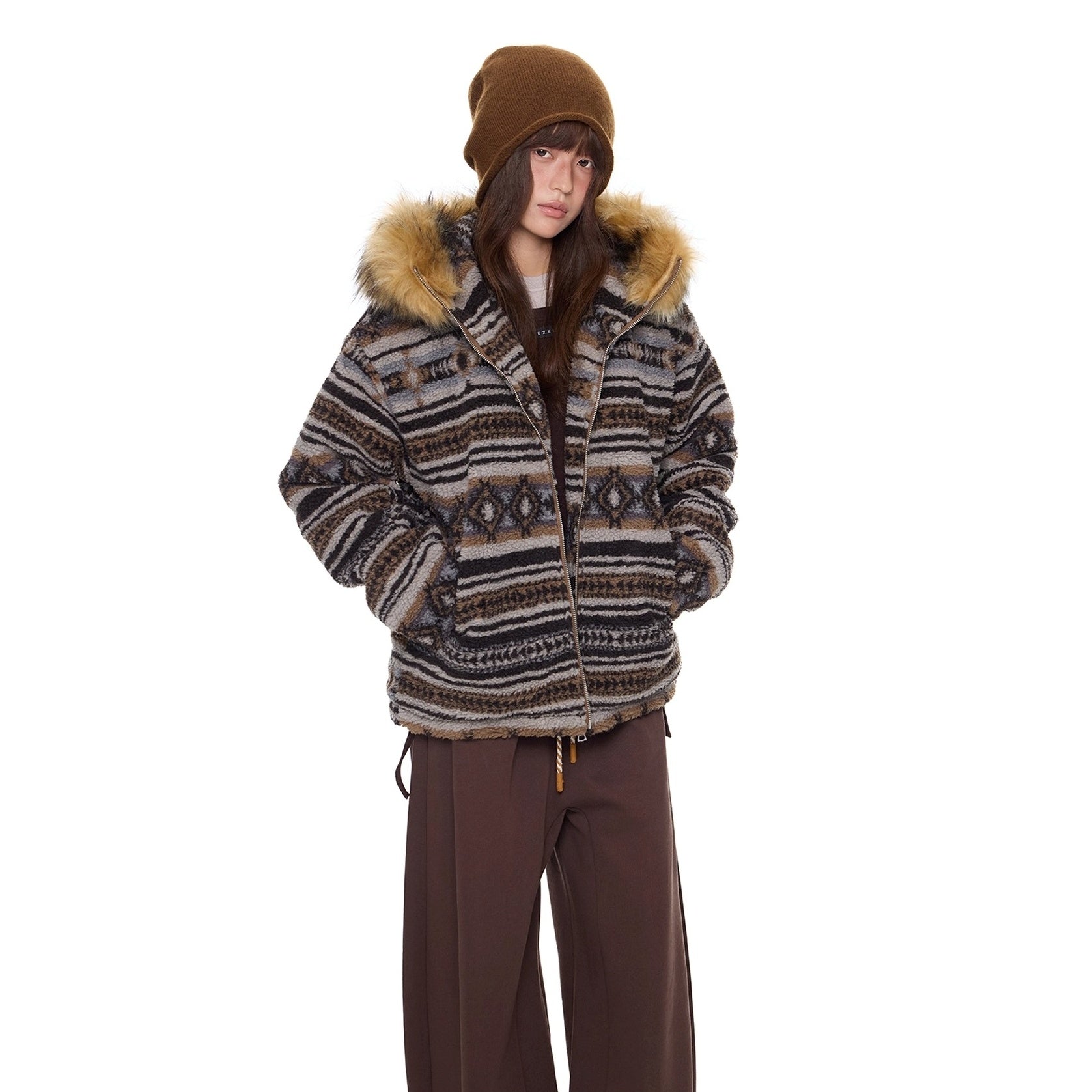 Ethnic Pattern Fur Collar Hooded Jacket EZ280