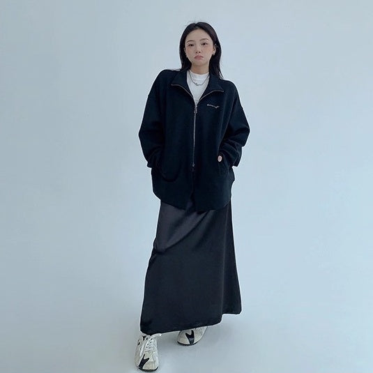 Double Zipper Stand Collar Loose Jacket OS2041